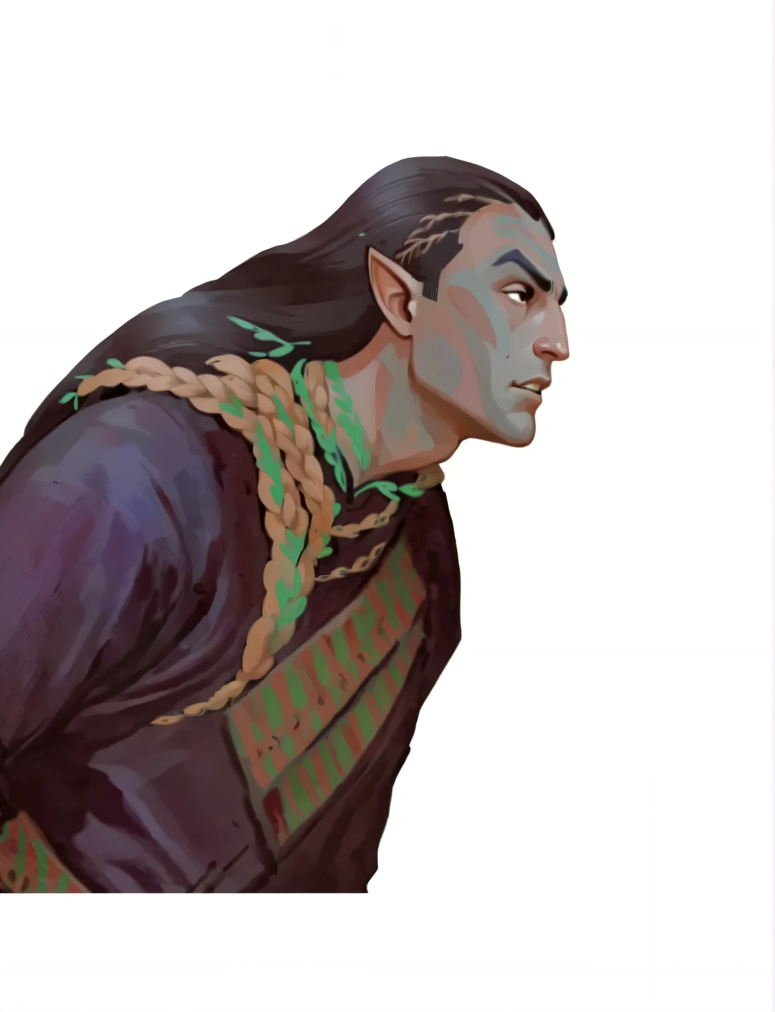 2D ART, hyper detailed gouache painting, illustration, gougoupaintleaves style, portrait of a man, 1boy, solo, long_hair, braided brown hair, high_ponytail_hairstyle, male_drow:1.5, dark elf, black eyes, black_sclera, detailed face, handsome features, dark medieval tunic, pointy ears, standing in a dark forest, pov from_below, frontal full body shot, on simple white background, full body shot, very detailed, ren's picture books, dumner