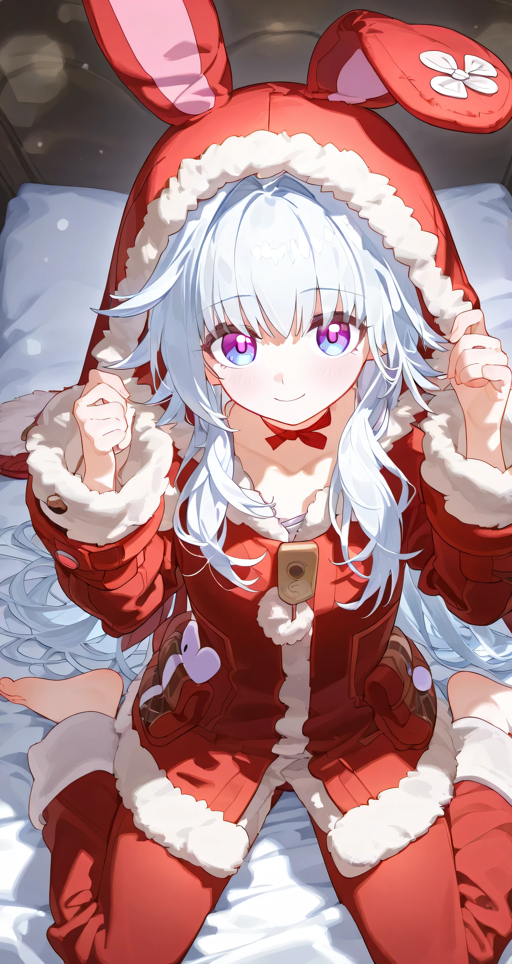 Clara, honkai star rail, smile, from above, looking at viewer, wariza, oversized hoodie rabbit kigurumi pajamas, sit on bed
