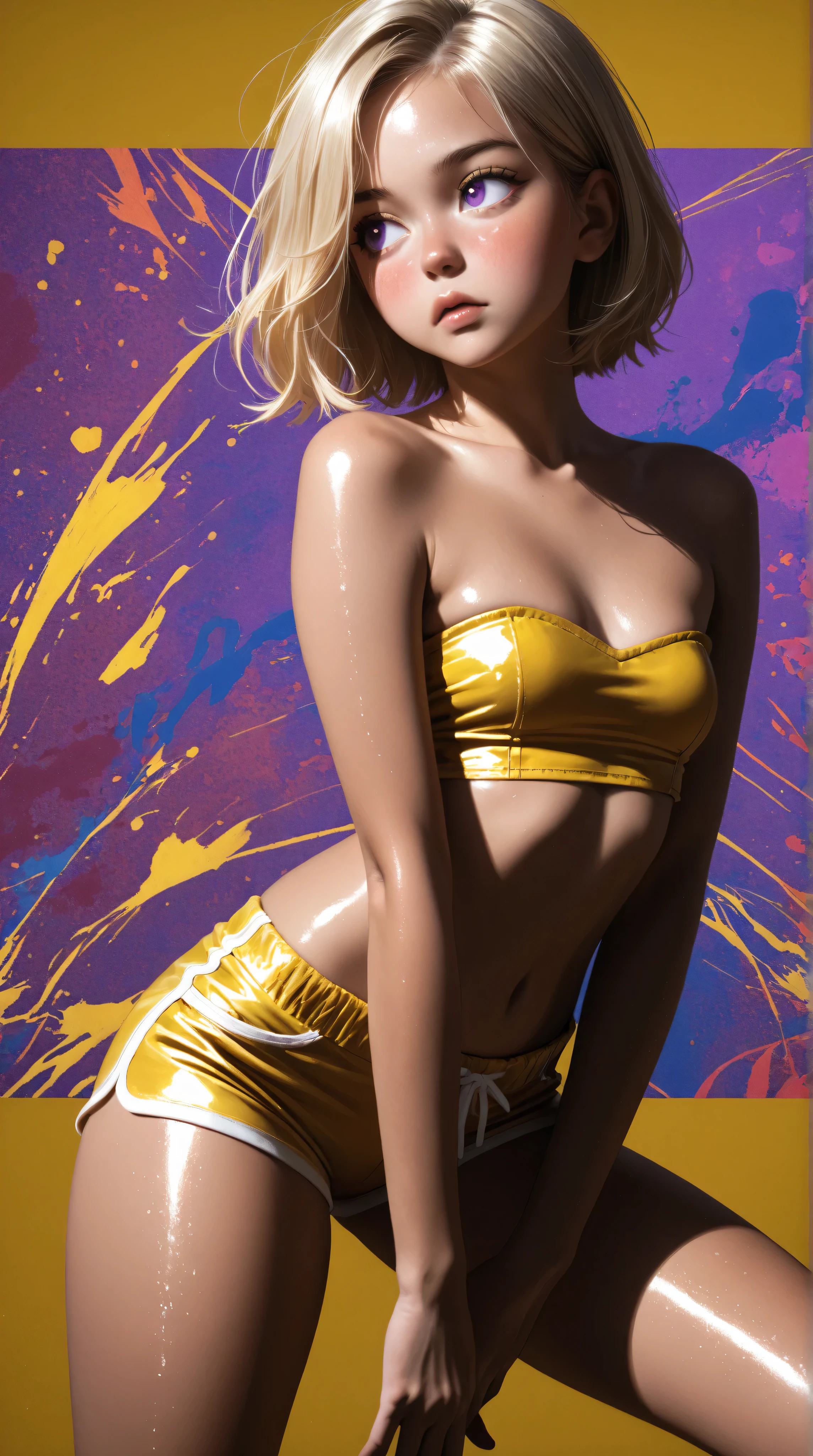Wildlife, ((Best resolution)), ((high quality:1.2)), Work of art, 8k, extremely detailed, ((High detail:1.2)), Solo, asian girl, (yellow mini-shorts, crop strapless), (beautiful perfect face:1.23), Kizi,(eyes looking off to side), Highly detailed, Amazing work,Vitreous luster, blues, yellows, Best quality at best,shiny skin, no background, colorful background, purple background, yellow background, background, metallic purple, sexy pose, dynamic pose, heavy blushing, small breasts, yellow hair, purple eyes,