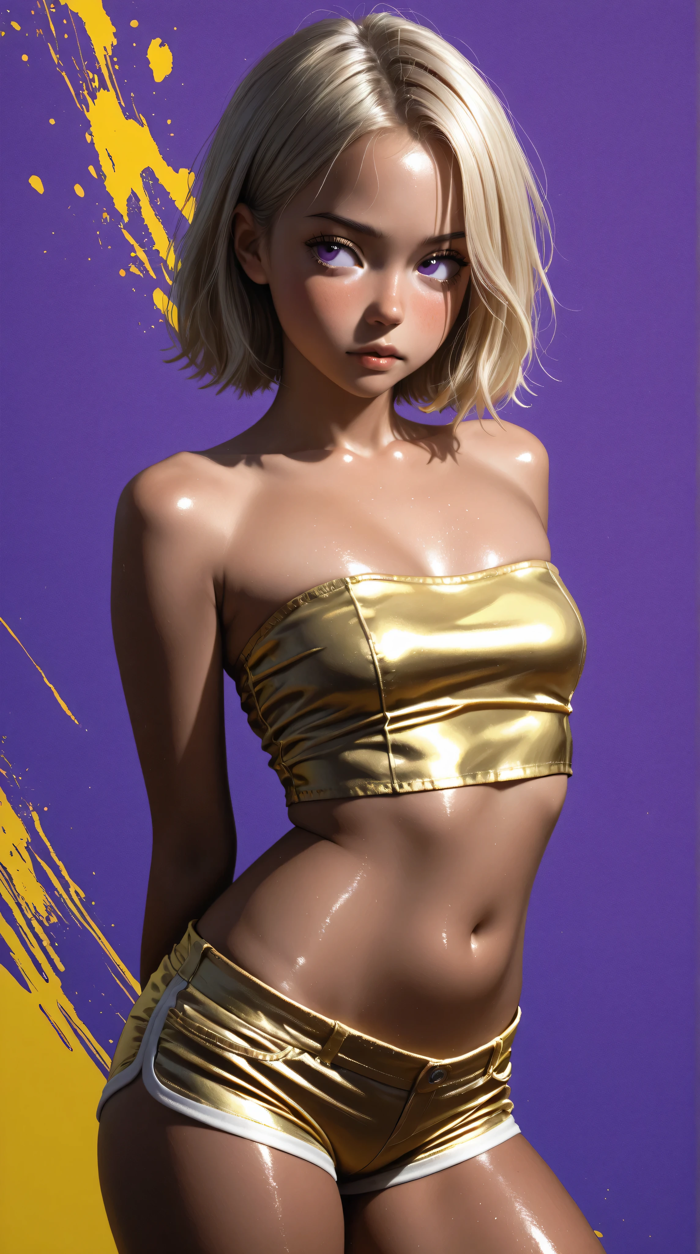 Wildlife, ((Best resolution)), ((high quality:1.2)), Work of art, 8k, extremely detailed, ((High detail:1.2)), Solo, asian girl, (yellow mini-shorts, crop strapless), (beautiful perfect face:1.23), Kizi,(eyes looking off to side), Highly detailed, Amazing work,Vitreous luster, blues, yellows, Best quality at best,shiny skin, no background, colorful background, purple background, yellow background, background, metallic purple, sexy pose, dynamic pose, heavy blushing, small breasts, yellow hair, purple eyes,