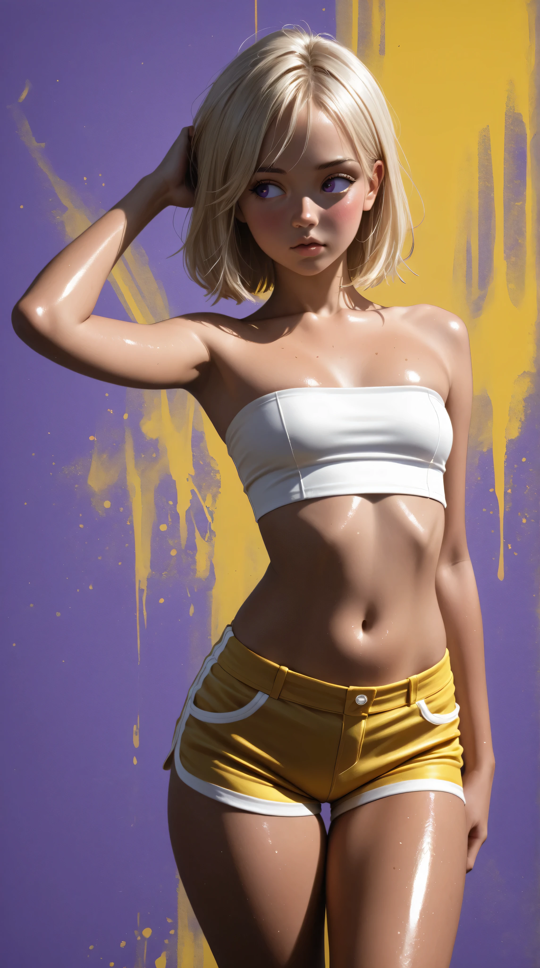 Wildlife, ((Best resolution)), ((high quality:1.2)), Work of art, 8k, extremely detailed, ((High detail:1.2)), Solo, asian girl, (yellow mini-shorts, crop strapless), (beautiful perfect face:1.23), Kizi,(eyes looking off to side), Highly detailed, Amazing work,Vitreous luster, blues, yellows, Best quality at best,shiny skin, no background, colorful background, purple background, yellow background, background, metallic purple, sexy pose, dynamic pose, heavy blushing, small breasts, yellow hair, purple eyes,