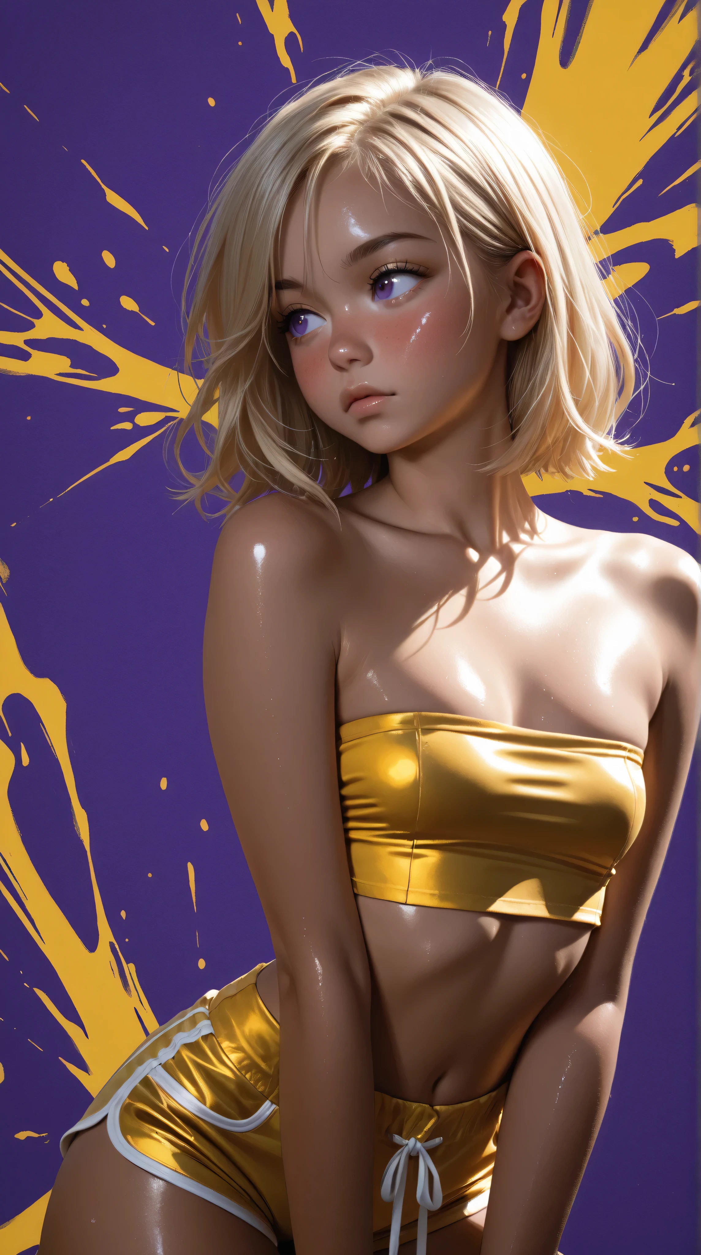 Wildlife, ((Best resolution)), ((high quality:1.2)), Work of art, 8k, extremely detailed, ((High detail:1.2)), Solo, asian girl, (yellow mini-shorts, crop strapless), (beautiful perfect face:1.23), Kizi,(eyes looking off to side), Highly detailed, Amazing work,Vitreous luster, blues, yellows, Best quality at best,shiny skin, no background, colorful background, purple background, yellow background, background, metallic purple, sexy pose, dynamic pose, heavy blushing, small breasts, yellow hair, purple eyes,