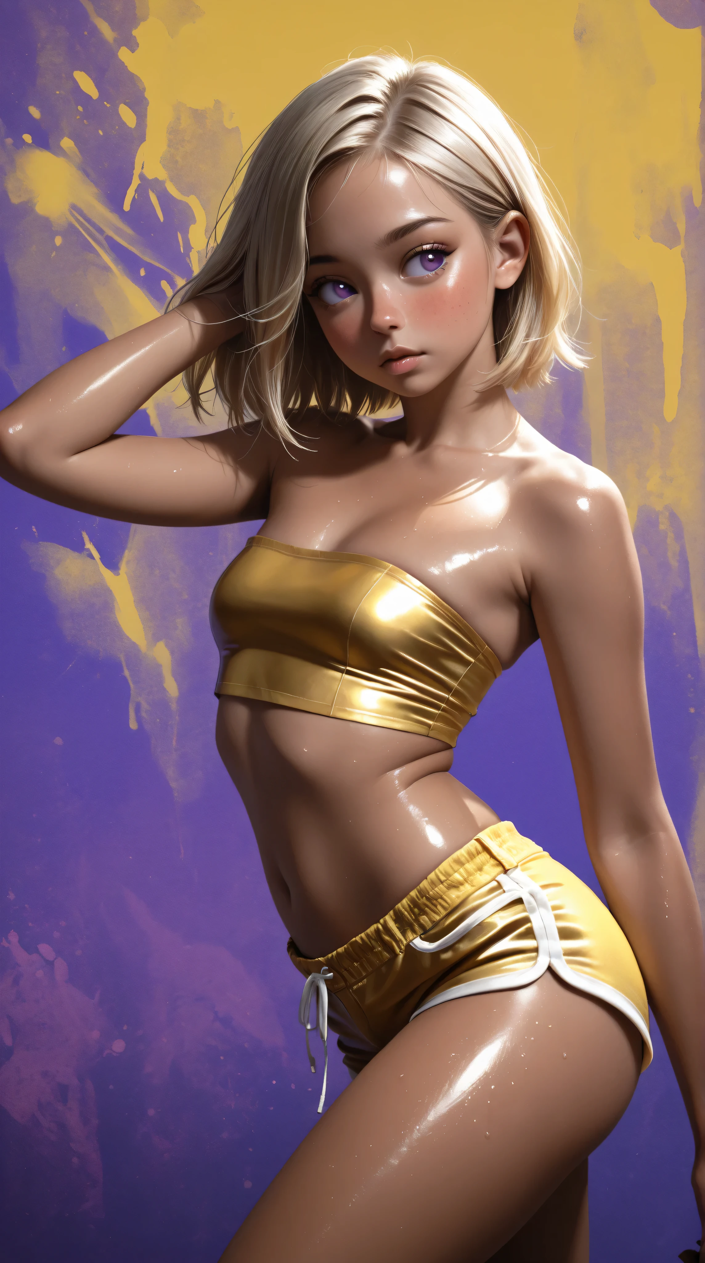 NSFW, naked, nude, open legs pose, naked pussy Masterpiece, highly detailed 8k raw photo, best cinematographic quality, surround volumetric lighting and shadows of a beautiful blonde girl in a yellow comic dress with aquamarine eyes, Take from the point of view, night club background, retrato Harley Quinn look influencer