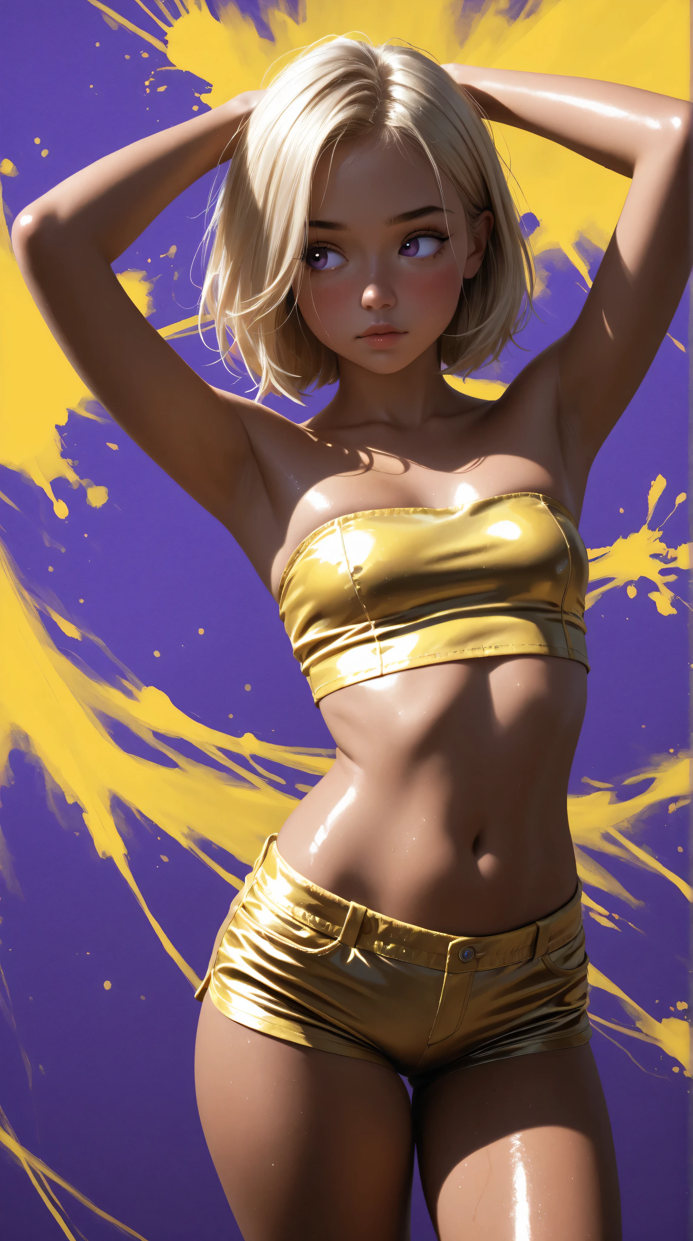 Wildlife, ((Best resolution)), ((high quality:1.2)), Work of art, 8k, extremely detailed, ((High detail:1.2)), Solo, asian girl, (yellow mini-shorts, crop strapless), (beautiful perfect face:1.23), Kizi,(eyes looking off to side), Highly detailed, Amazing work,Vitreous luster, blues, yellows, Best quality at best,shiny skin, no background, colorful background, purple background, yellow background, background, metallic purple, sexy pose, dynamic pose, heavy blushing, small breasts, yellow hair, purple eyes,