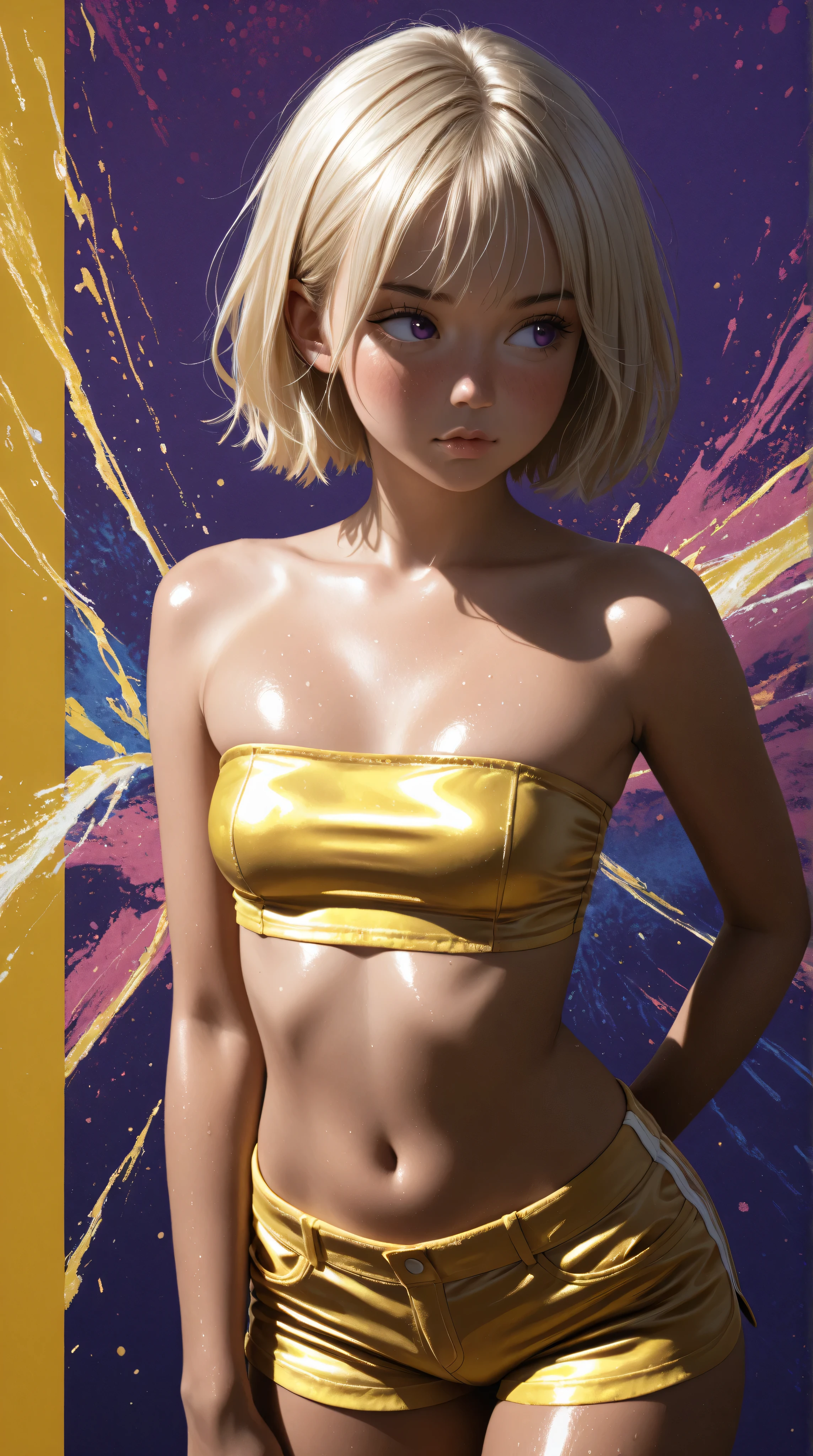 Wildlife, ((Best resolution)), ((high quality:1.2)), Work of art, 8k, extremely detailed, ((High detail:1.2)), Solo, asian girl, (yellow mini-shorts, crop strapless), (beautiful perfect face:1.23), Kizi,(eyes looking off to side), Highly detailed, Amazing work,Vitreous luster, blues, yellows, Best quality at best,shiny skin, no background, colorful background, purple background, yellow background, background, metallic purple, sexy pose, dynamic pose, heavy blushing, small breasts, yellow hair, purple eyes,