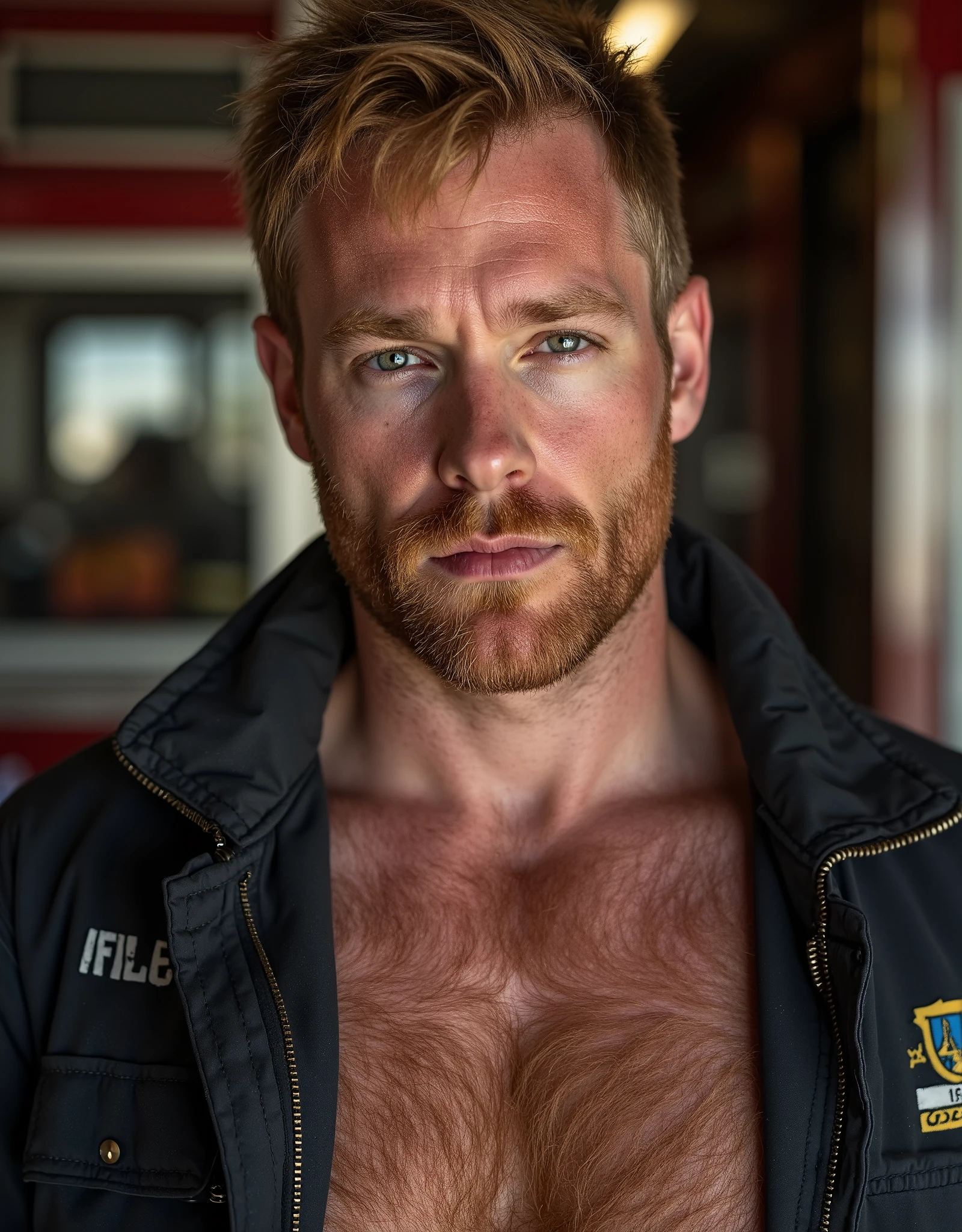 masterpiece, best quality, high resolution, closeup portrait, male focus, solo focus, A man, 30 years old, with firefighter uniform, firefighter suit, firefighter, messy hair, orange red ginger hair, messy hairstyle, smirk, cute and seductive face, bare chest, orange body hair, facial hair, roman nose, scruffy, hairy abs, skinny body, hairy legs, undressed undone uniform, dimples, beard, bold jawline, pale skin, , in the background a fire station, view from below, amazing composition, front view, HDR, ultra quality, elegant, highly detailed