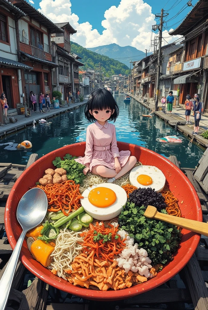 A large expanse of water in space, beautiful landscape. bird's eye view of beautiful super gigantic huge realistic Bibimbap\(korean rice bowl with Namul and kimchi\) as large as universe. photogenic. focus Bibimbap,close up gigantic Bibimbap. korean local old town,korean girl
