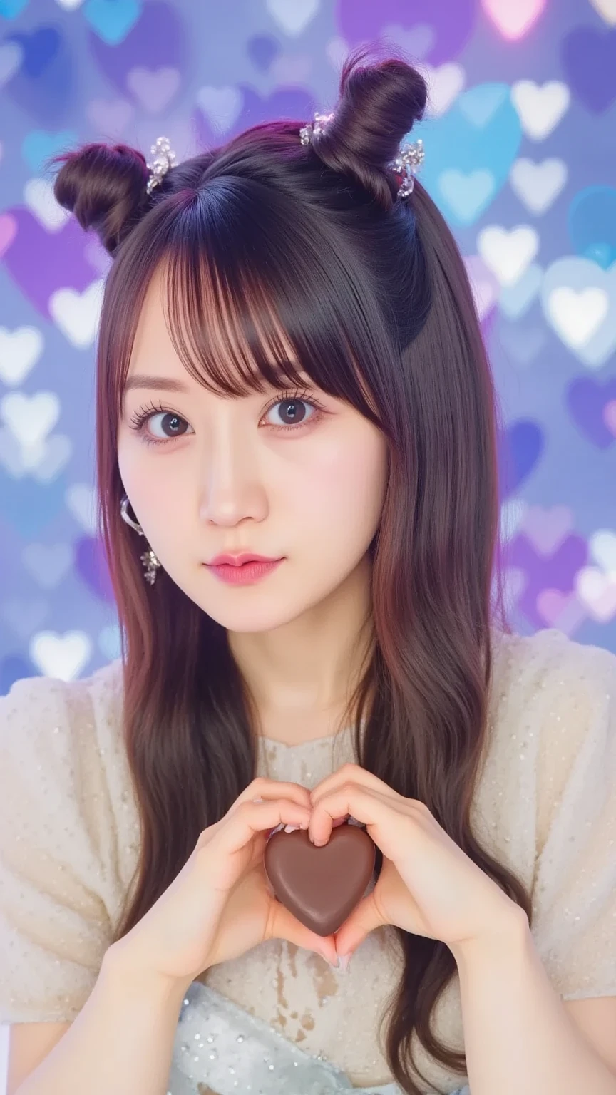 A cheerful anime-style virtual idol girl with sparkling eyes and pastel-colored hair styled in twin buns. She holds a heart-shaped chocolate toward the viewer with both hands, winking playfully. The background is a dreamy digital stage with floating hearts and glowing effects. Style: anime, virtual idol, vibrant, fantasy.