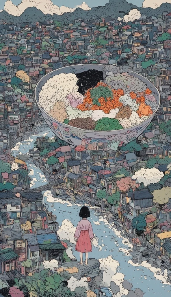 A large expanse of water in space, beautiful landscape. bird's eye view of beautiful super gigantic huge realistic Bibimbap\(korean rice bowl with Namul and kimchi\) as large as universe. photogenic. focus Bibimbap,close up gigantic Bibimbap. korean local old town,korean girl