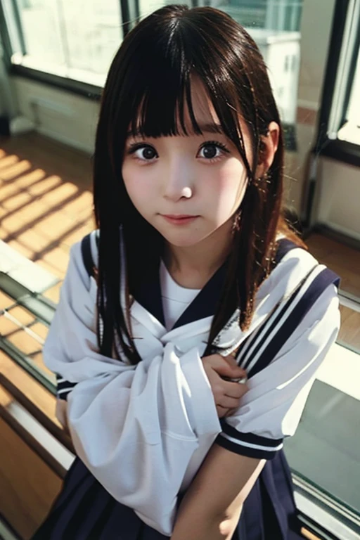 Highest quality, RAW Photos, Realistic, face, Incredibly ridiculously beautiful girl, cute, Long Hair, Depth of written boundary, High resolution, 超detailed, detailed, Very detaileded, extremely detaileded eye and face, Sharp pupils, Realistic students, Sharp focus, Cinema Lighting, flat breasts, small breasts, small,( small bust: 1.2), small bust, (slim, small, flat, small), thin, Delicate and sexy collarbone, (Sailor suit:1.2), (Lifting Sailor suit to show off a small white bra:1.5)))、