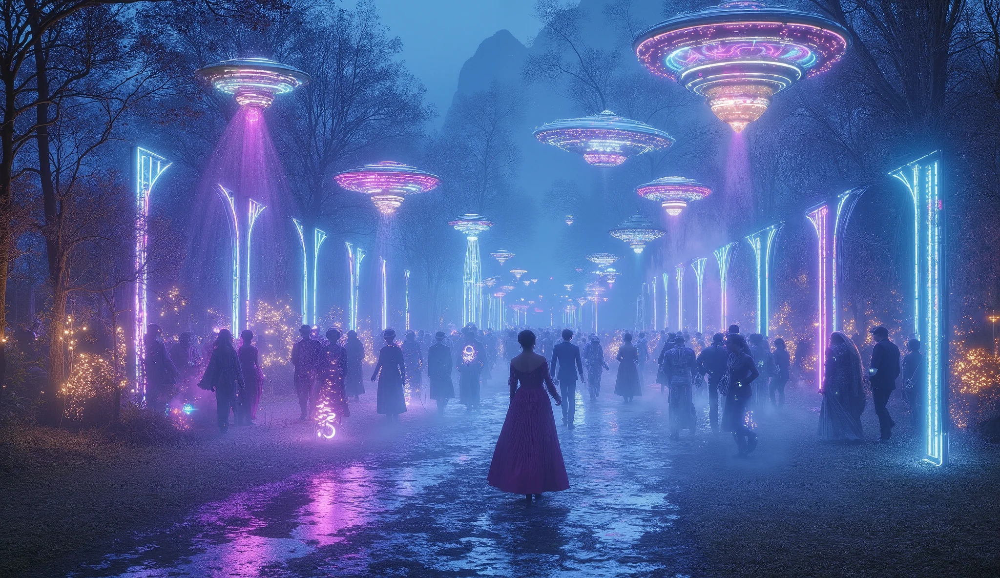 A stunning wide shot of a rave in the Norwegian wilderness, where revelers in Victorian attire dance under a spring night sky. The scene is illuminated by massive, glowing retrofuturistic vehicles, each shaped like sleek, flying saucers and glowing with vibrant neon colors. The forest is alive with strange tech: floating, circular platforms hover above the crowd, and swirling, geometric holograms project from the ground. A woman in a Victorian gown dances, her dress billowing in the air, as futuristic robots with chrome plating spin beside her, projecting energy beams into the sky. Neon-lit art deco arches stretch through the mist, creating a portal between past and future. 8K, hyperrealistic, cinematic lighting, photorealistic.