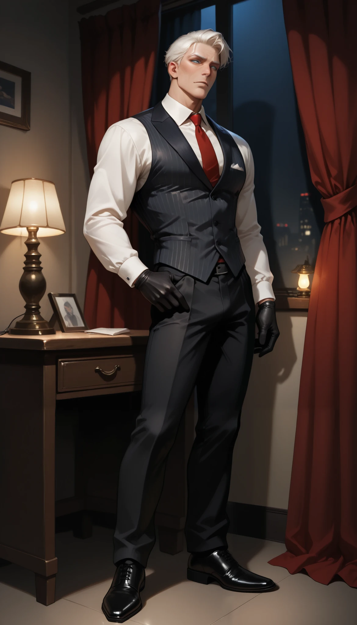1boy , 20 year old, manly,full body, perfect face, detailed face, blue eyes, fair skin, (sexy gangster) young man, bishounen, wearing a  pinstripe vest, white shirt, red tie, black gloves,black suit pants, set in the year 1920, in a shadowy office, with thick curtains drawn, a desk lamp casting a warm glow, at night，