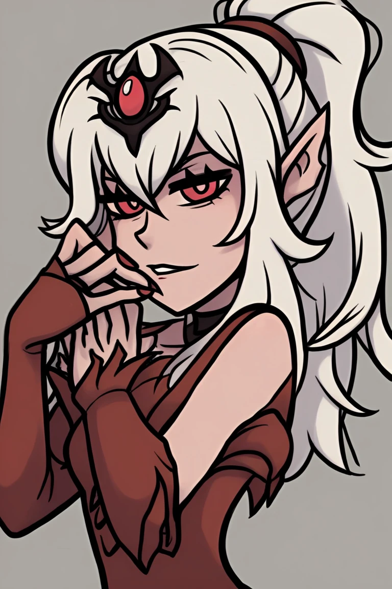 ((red skin)), ((in the artstyle of Dragon Ball Z), ((long ears)), ((curvy body)), ((long hair)), ((white hair)), ((red eyes)), ((serious expression)), (demonic clothing)), ((demon woman)), ((complementary colors)), ((mature female)), 1girl, beautifully drawn, high resolution illustration, best quality, High definition, ((detailed anime sketch)), Masterpiece, (solo), absurdres, portrait, ((upper body)), detailed background, fine detail, female focus, HDR,