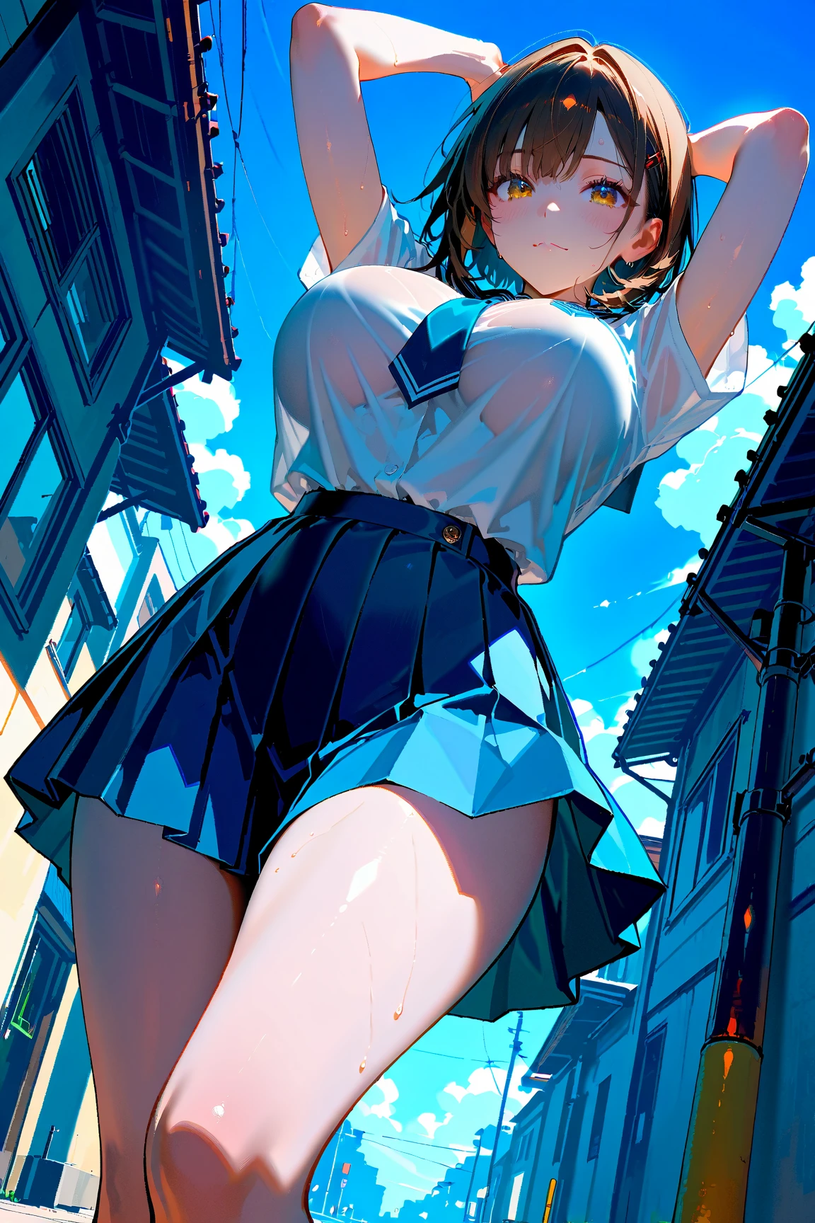((8Kmasterpiece,highest quality)), ultra high resolution, (masterpiece: 1.4), hyper detail, (1 female))),14 years old,Watery eye,blush,beautiful and delicate eyes,light blue eyes,Big eyes,shining eyes of light,Thin and long eyelashes,detailed light,beautiful face,((black hair)),((short hair)), Expressionless,big breasts,school uniform,hair clip,hair ribbon,blitz short skirt,white knee high socks,light pink panties, Panty Pose, panty shot, (grinning smile),troubled face,(please open your mouth wide),(classroom),stand in the center of the screen,blue sky with clouds, Nice views, rainbow in the sky, particles of light, daytime, sunbeam,gust of wind,sense of speed, cowboy shot