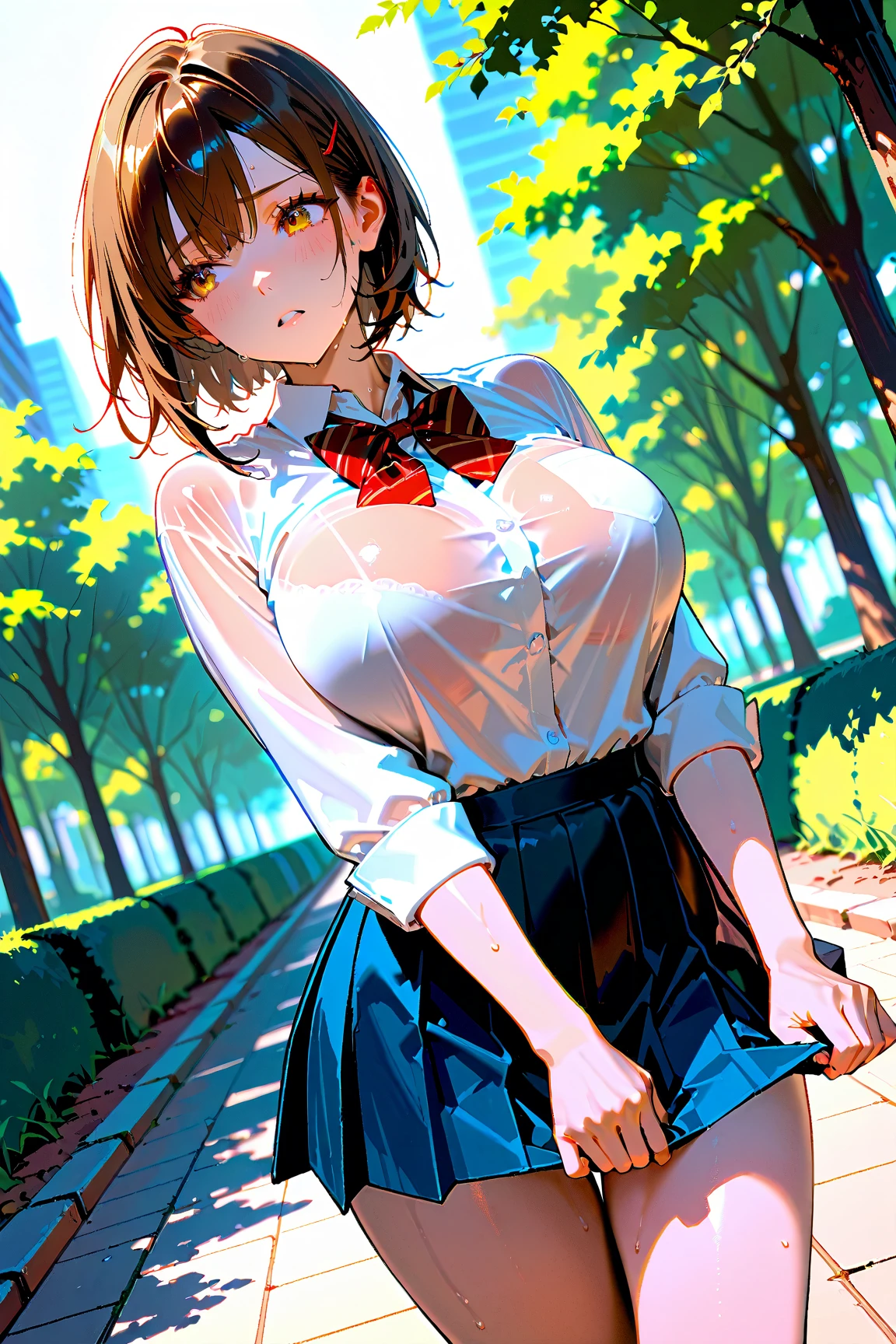 Park, walking, on a sunny day, summer, a girl, beautiful, sexy, medium breasts, wide hips, small waist, shapely legs, perfect thighs, shy, blushing, looking at the viewer, , plaid miniskirt, blouse, traslucent blouse, wet blouse, wet body,