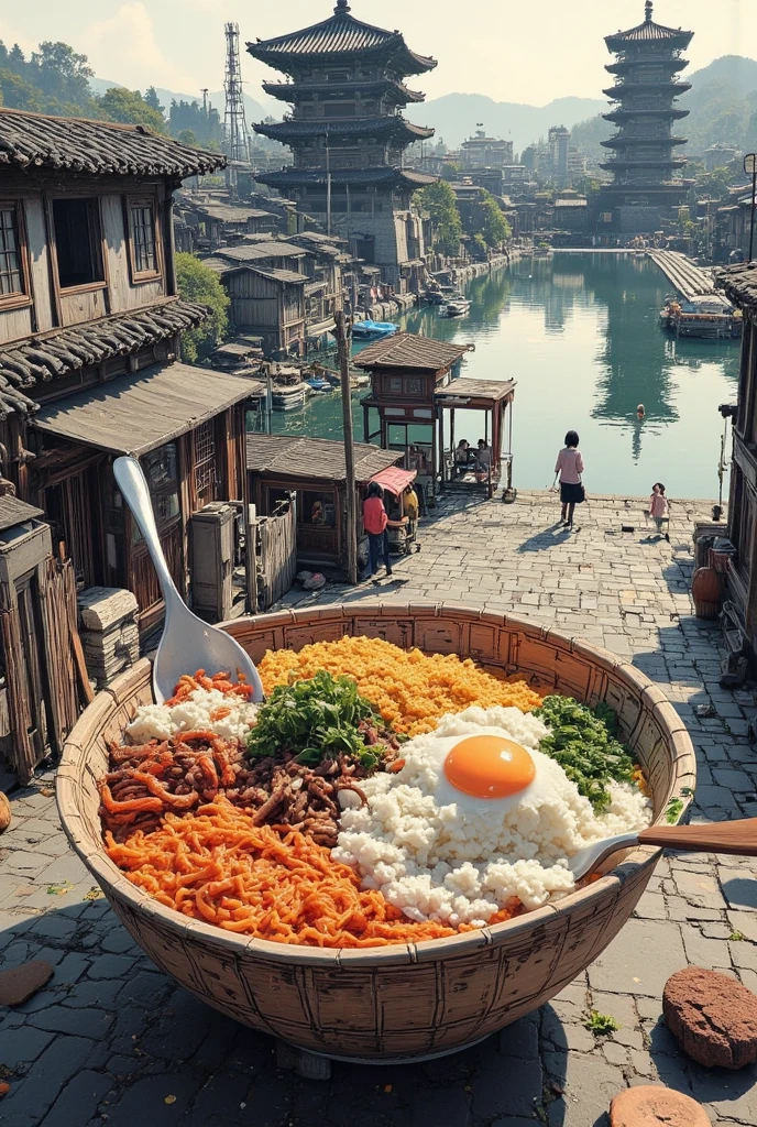 A large expanse of water in space, beautiful landscape. bird's eye view of beautiful super gigantic huge realistic Bibimbap\(korean rice bowl with Namul and kimchi\) as large as universe. photogenic. focus Bibimbap,close up gigantic Bibimbap. korean local old town,korean girl