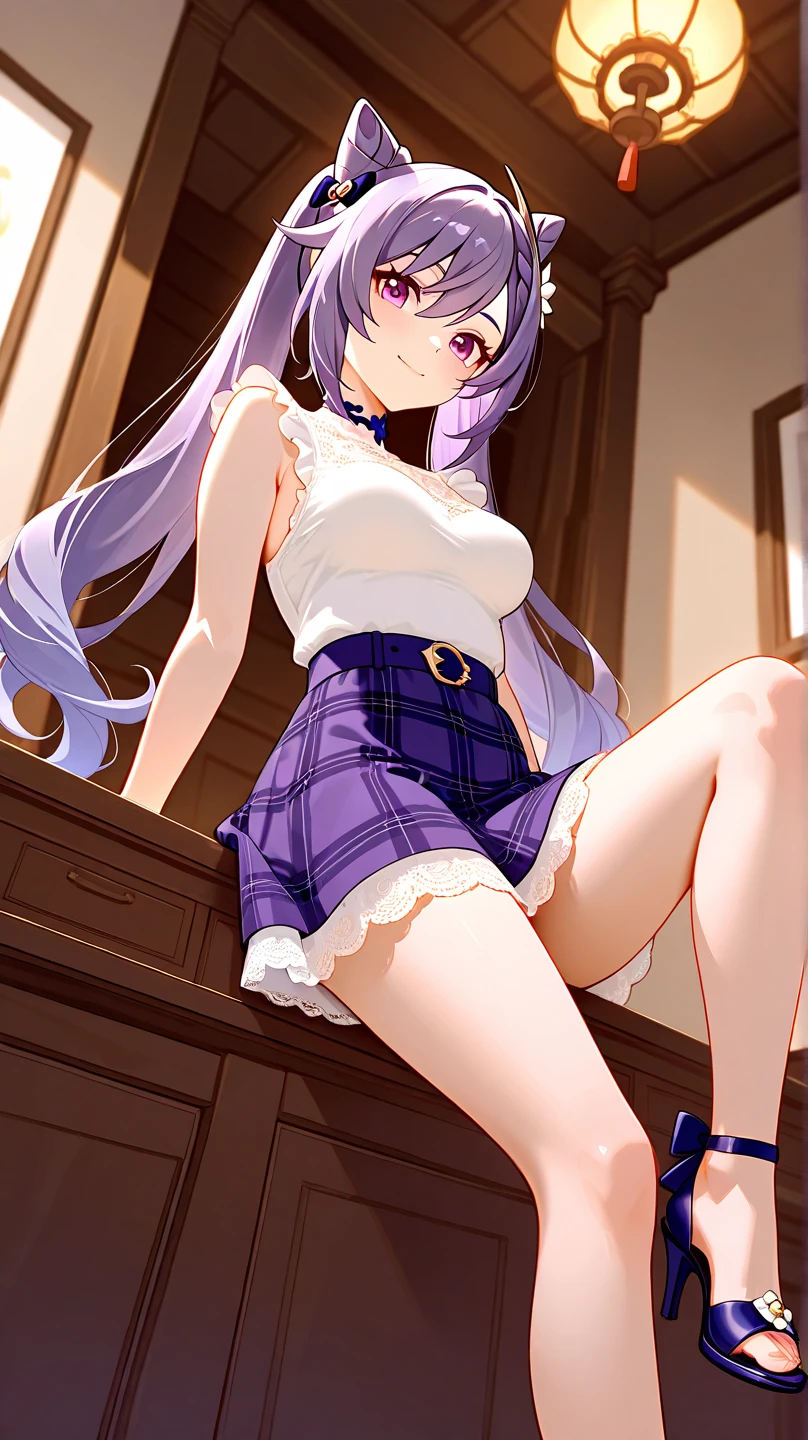 score_9,score_8_up,score_7_up,rating_explicit, source_anime, 1girl, solo, mejiro mcqueen \(umamusume\), earlock, black choker,loose clothes,white shirt,black skirt,luxury apartment,balcony,zettai ryouiki,black stockings,bare shoulders,cleavage,black ribbon,puffy sleeves,smug, standing split,standing on one leg, lace trimmed panties,
