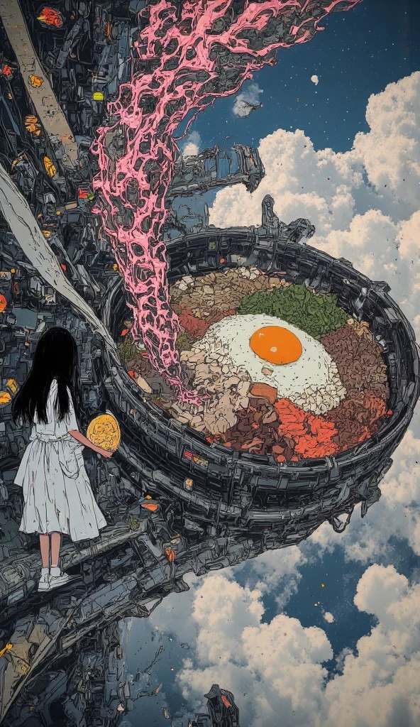 A large expanse of water in space, beautiful landscape. bird's eye view of beautiful super gigantic huge realistic Bibimbap\(korean rice bowl with Namul and kimchi\) as large as universe. photogenic. focus Bibimbap,close up gigantic Bibimbap. korean local old town,korean girl