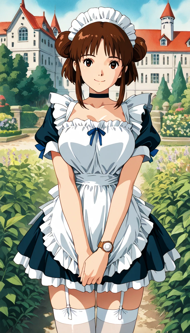 (masterpiece, best quality, detailed), 1girl, solo, looking at viewer, nanakn, 1990s (style), retro artstyle, hair ribbon, maid headdress, choker, maid dress, short sleeves, apron, wristwatch, garter straps, thighhighs, fang,
flower shop, outdoors, storefront, potted plant, plant, shelf, flower, hanging plant, holding bouquet, bouquet, flower, happy, open mouth, smile, blush