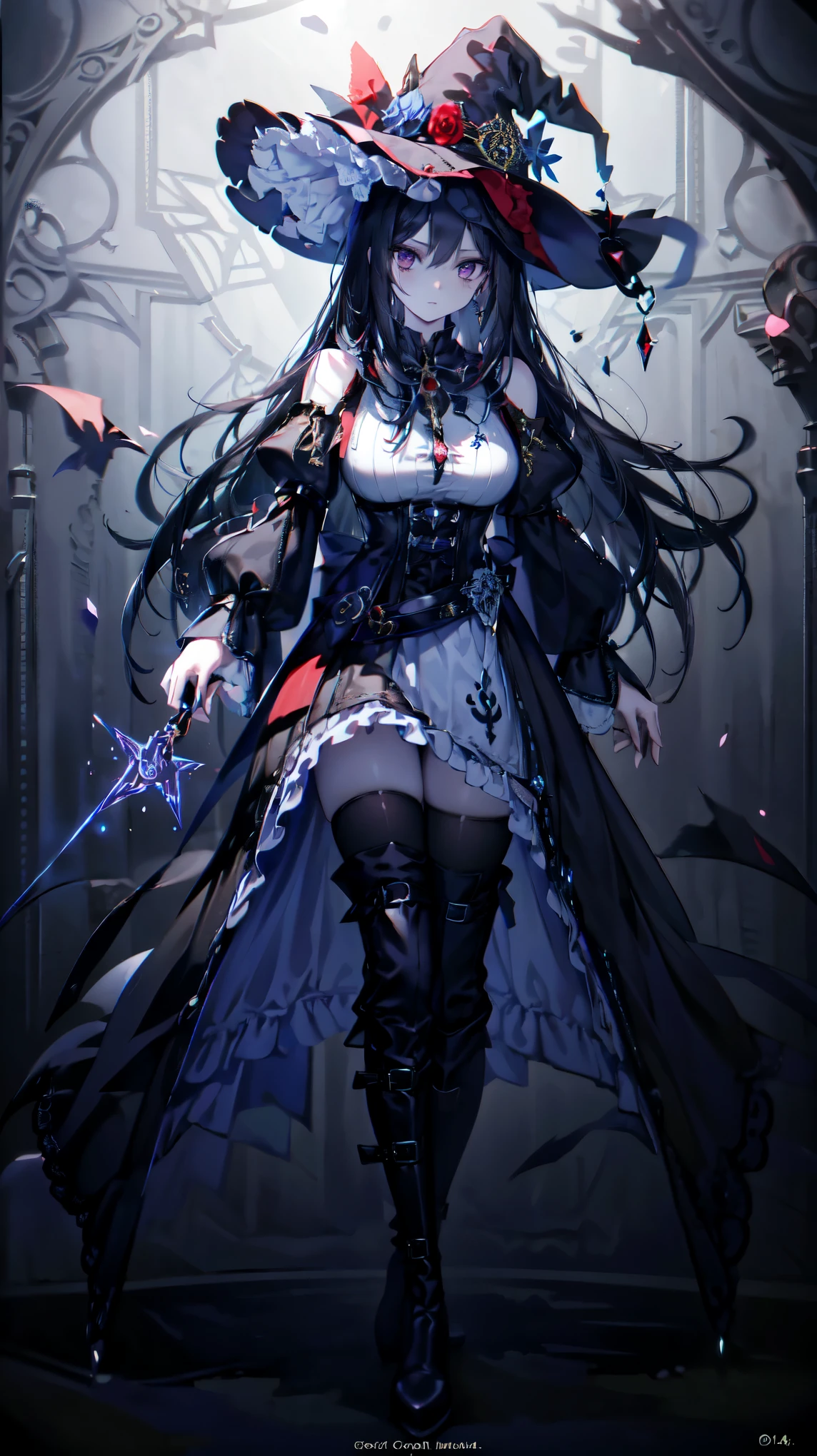 (masterpiece, best quality), High resolution, distinct image, (1girl), (AliceMadness), (female Focus), (fullbody), determined, showing bare back, rising hair, close up, witch, black gothic dress, detached sleeves, thigh boots, pale skin, (long black hair 1.4), (purple eyes), (eyelashes), (large breasts 1.2), Around the magic, magic surrounds,magic rod,book,pages flying all over the sky, Know it all, Predicting the Future, Know the past, Infinite wisdom, blue flame, Warlock, Magical Circle,Pentagram,incantation,mantra,Singing magic, dark background, oficial art, metallic portrait,