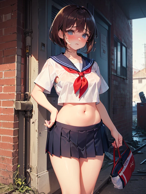 Girl showing panties with a disgusting face、a sailor suit、School route、Street,wind,