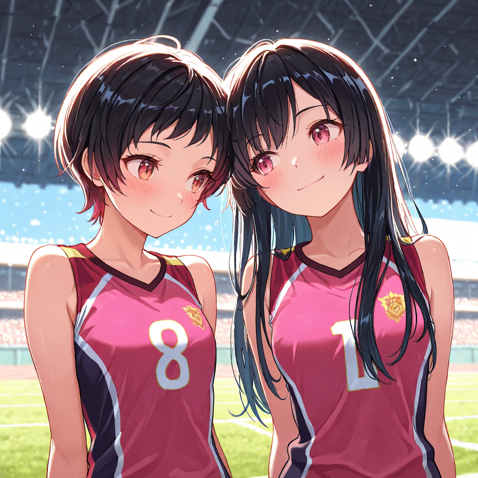 (top-quality、in 8K、32K、masterpiece、nffsw、超A high resolution、Impresionismo、Photorealsitic:1.2)、Full body, from behind, Inside the gymnasium、Volleyball Court、beauitful face、blurry backround、16-year-old beautiful girl、huge tit、shinny skin、bob cuts、Beautiful black hair、Red Eyes、(Hachimaki:1.2)、Volleyball Uniforms、Curve、dynamicposes、Smile with open mouth、Two girls、