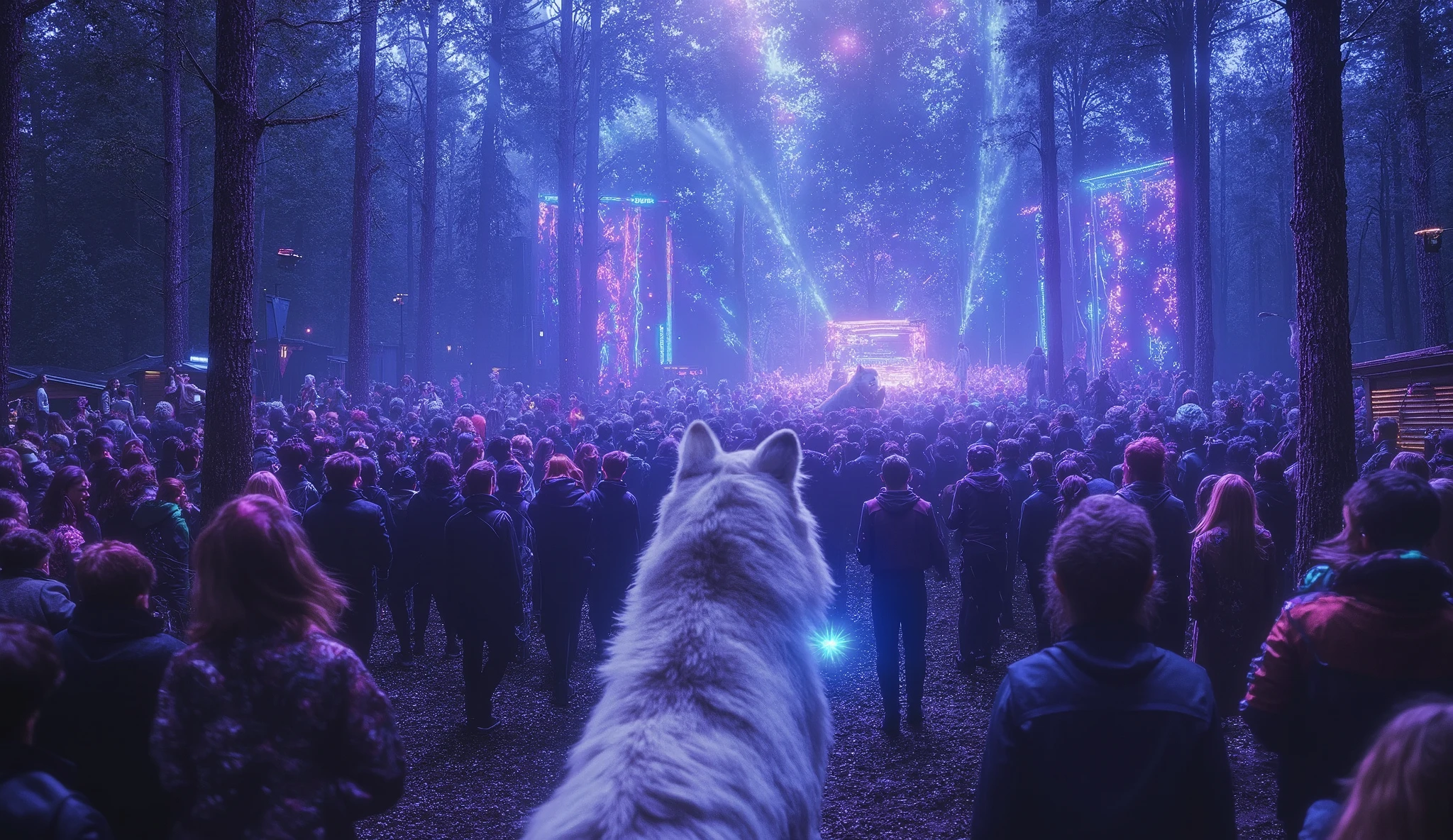 A hyperrealistic rave deep in the Norwegian forest at night, where neon lights pulse through the misty air, casting vibrant colors onto the towering pine trees. Among the dancers lost in the rhythm, a majestic white wolf stands still, its piercing eyes glowing under the flickering strobe lights. Its thick fur reflects shades of electric blue and violet as it watches the scene with an almost mystical presence. In the distance, the DJ’s wooden stage radiates energy, a beacon in the neon-lit wilderness. 8K resolution, cinematic lighting, photorealistic.
