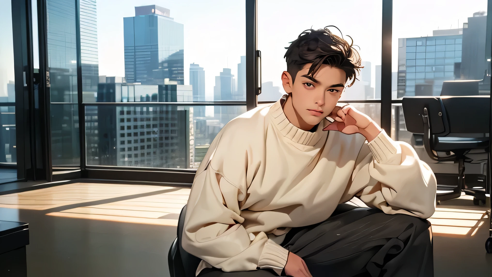  Japanese male　 handsome　 short dark hair  　　short cropped 　　 slim figure　　Oversized thick sweater for the upper body　　　 lower body nudes　　　　　 in a fully glazed training room　　　　 A group of futuristic urban skyscrapers on a cold day outdoors　　　　　 openしたポーズ　smile　　 open　 pose with open crotch　　　　Oversized thick sweater for the upper body　
Oversized thick sweater for the upper body　