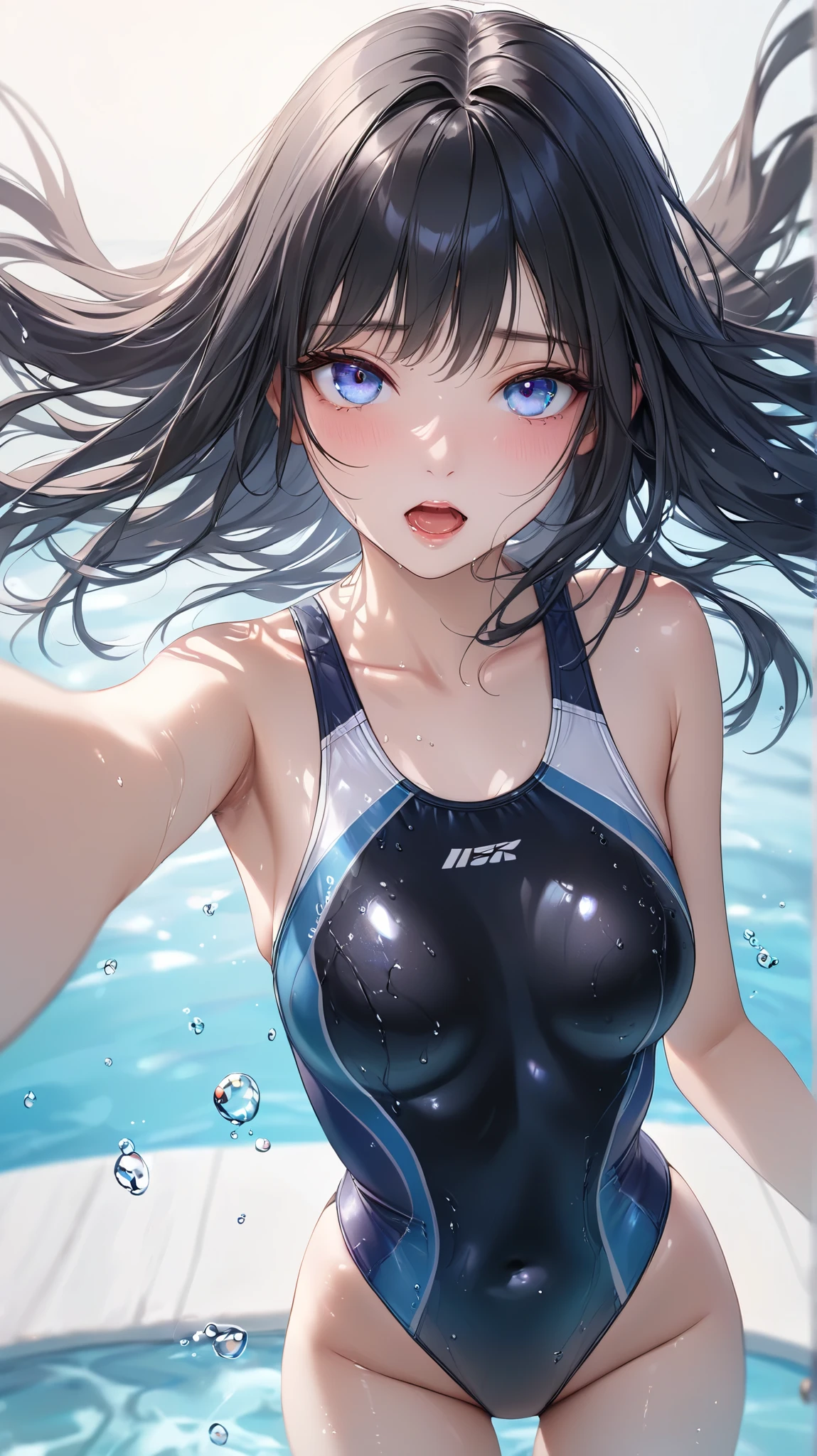 (masterpiece,best quality,ultra detailed,high resolution),(cowboy shot),(realistic:0.5),women,beautiful eyes,black hair,straight hair,competition swimsuit,ecstasy,