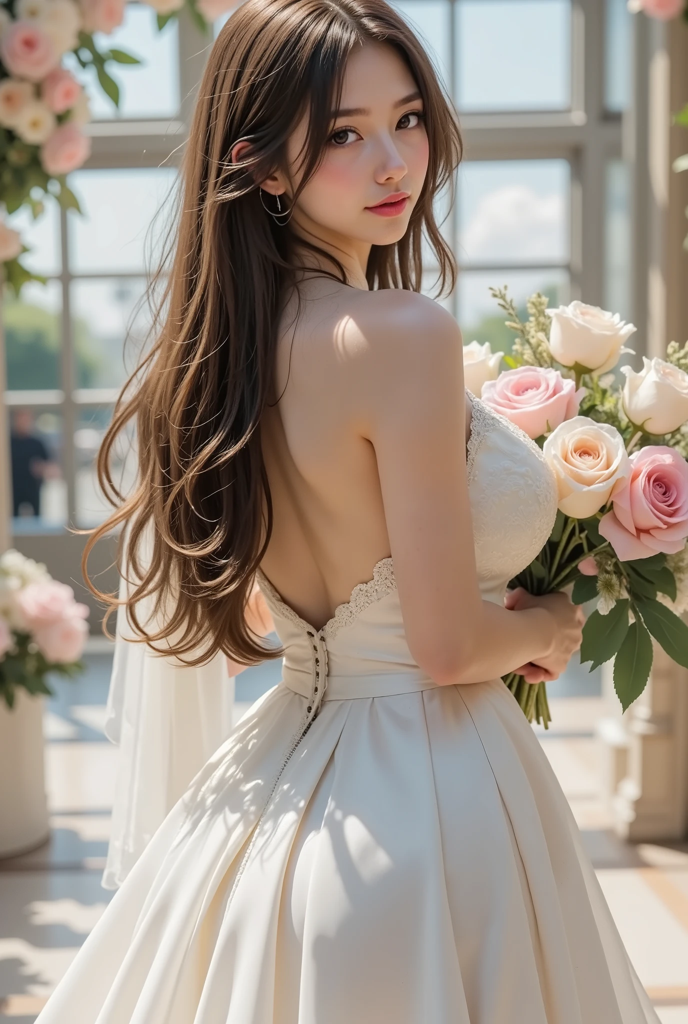 ( long distance shot :2.0)、(16k、 RAW photos ,  top quality, masterpiece)、(Actual photo)、(realistic pictures)、 Learn more,  beautiful eyes,  very detailed and beautiful ,  amazing details 、 BEAUTY WITH PERFECT BODY 、 real face,  detail your face down to the smallest detail、 brown hair、Long hair curls、 Fluffy Curly Hair 、Curly hair with a three-dimensional effect、 large almond-shaped eyes 、 eyeliner is soft brown、Thick eyeliner 、Light false eyelashes 、Beautiful older sister、 cute beauty with perfect body 、 glowing skin、 glossy lips、 high resolution face and skin texture 、 detailed eyes 、double eyelids、Eyes are black、blue eyes、 Has bangs、A wide shot of a character、 full body shot、 white wedding dress、 with a three-dimensional effect、Holding a big bouquet、A wedding dress with a bouquet of flowers in front 、 wedding venue from the window、Standing glass on the ceiling 