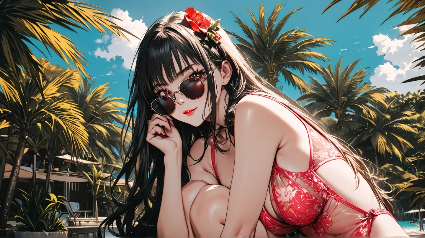 (Highest quality,4K,8K,High resolution,masterpiece:1.2),Very detailed,(Realistic,photoRealistic,photo-Realistic:1.37),fruit juice,woman,drinking,Poolside,summer,Resort hotels,Floral Dress,Luxurious atmosphere,Extreme heat, Vibrant colors,refresh,relaxation,Elegance without pretense,sunlight,Luxury Pool,Realistic details,Crystal clear water,chic,fashionable,Stylish sunglasses,leisure,leisurely,Vibrant atmosphere,Blissful expression,fun,Timeless beauty,Calm,quiet,Charmな,Charm,Beautiful environment,Tropical paradise,Exotic atmosphere,nature,Exquisite flowers,Palm tree,Warm wind,Tranquility,Harmony,Perfectly manicured gardens,Charmな,sophistication,Calm atmosphere,endless summer,wonderful,growing up,fun思い出,Memorable moments,luxury,joy,sophisticationれた,taste of summer,Seamless blending,relaxing getaway.