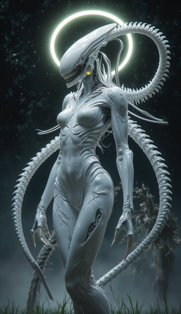  ((best quality)), ((masterpiece)), (detailed), a creature, pale, translucent skin, smooth skin texture like a dolphin, no hair, round head, (no face), (no eyes), (smooth face), (bright gums) like a shark's mouth, (protrusions along a ridged back), (breathing holes along the chest), a tail that splits into three, long skinny arms that it walks on, where the legs would be is another set of arms that are used for grabbing, biomachanical look, H R Giger, sci fi horror, cosmic horror