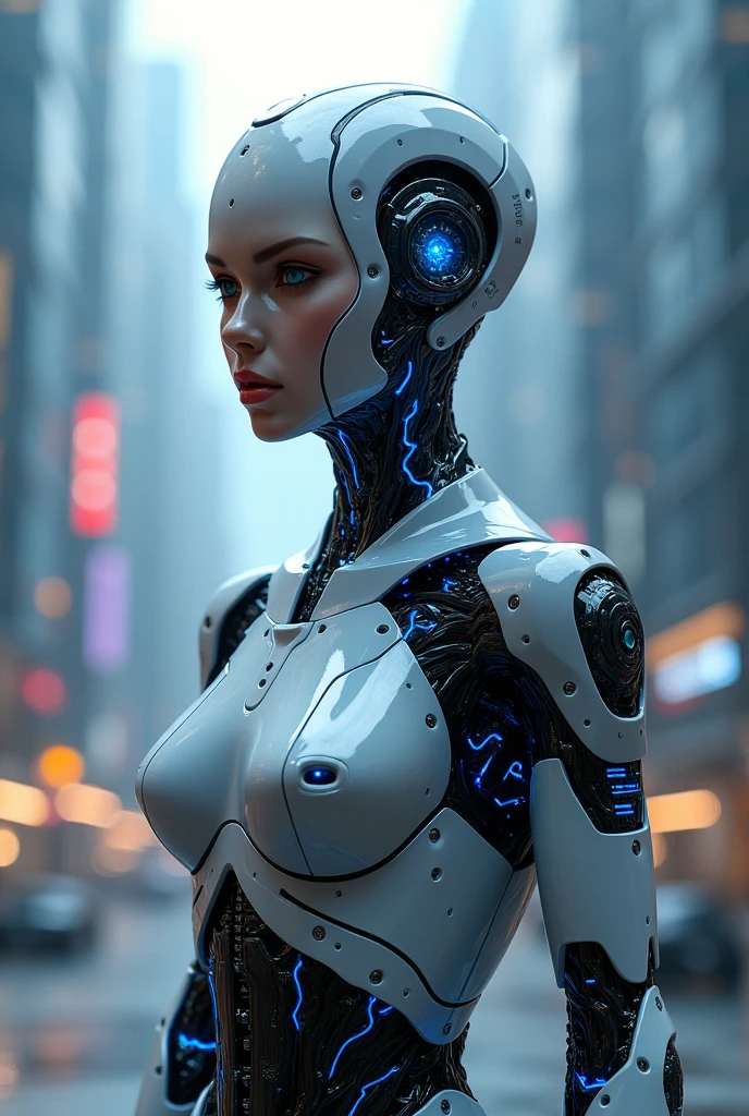 Translucent ethereal mechanical girl,futuristic girl,Mechanical joining technology girl,futuristic city background