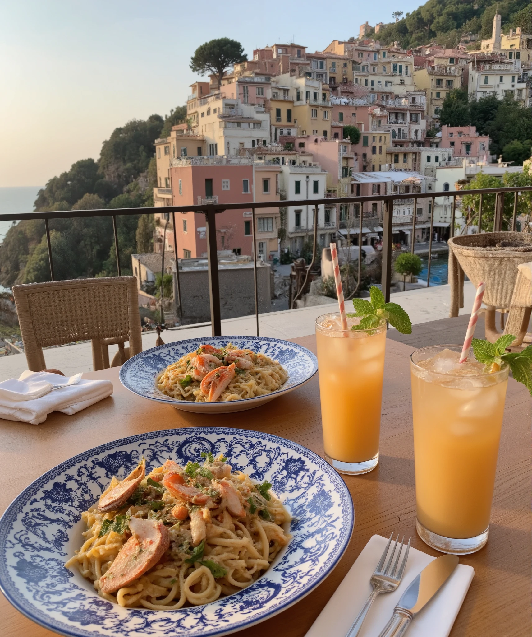 /imagine prompt: a scenic outdoor dining setting on a terrace overlooking a hillside village with colorful buildings stacked along the slope. The table is beautifully arranged with ornate Italian ceramic plates filled with pasta dishes garnished with seafood and herbs. There are two glasses of refreshing cocktails with mint leaves and striped straws, capturing a summery, vibrant atmosphere. The golden hour light casts a warm glow over the landscape, enhancing the picturesque view and creating a relaxed, elegant dining experience. --v 5 --ar 16:9 --style cinematic --q 2 --hd