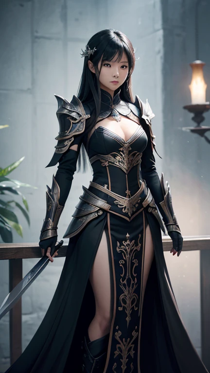 At the top of a steep hill, against the twilight horizon, an imposing figure stands with majesty. A woman, wearing full armor, stands at the highest point of the terrain, gazing determinedly into the valley below. Her helmet is adorned with intricate details, with a visor that reveals only her resolute eyes, shining with the golden light of the setting sun. Her armor, polished to an impeccable shine, is a masterpiece of craftsmanship, each plate meticulously forged to offer maximum protection without compromising mobility. Each piece gleams as it reflects the last rays of sunlight, creating a striking contrast with the somber landscape around her. In her right hand, she holds a longsword, whose gleaming blade seems eager to challenge any adversary that dares to cross her path. In the left, a shield adorned with a familiar crest, symbol of her lineage and heritage. The wind gently stirs the cape that envelops her shoulders, highlighting her firm and confident posture. She is a fearless warrior, a defender of her realm and her people, ready to face any challenge that fate may hold. Around her, the medieval scenery unfolds in all its grandeur. Castle towers rise against the orange-tinted sky, while verdant fields stretch as far as the eye can see. The distant sound of church bells and the clashing of swords echo through the air, reminding her of the constantly conflicted world she has sworn to protect. In this solemn moment, she prepares to descend the steep slope toward the valley below, where destiny awaits with its challenges and dangers. But she does not falter; her heart is filled with courage and determination, ready to face any battle that life may present her.