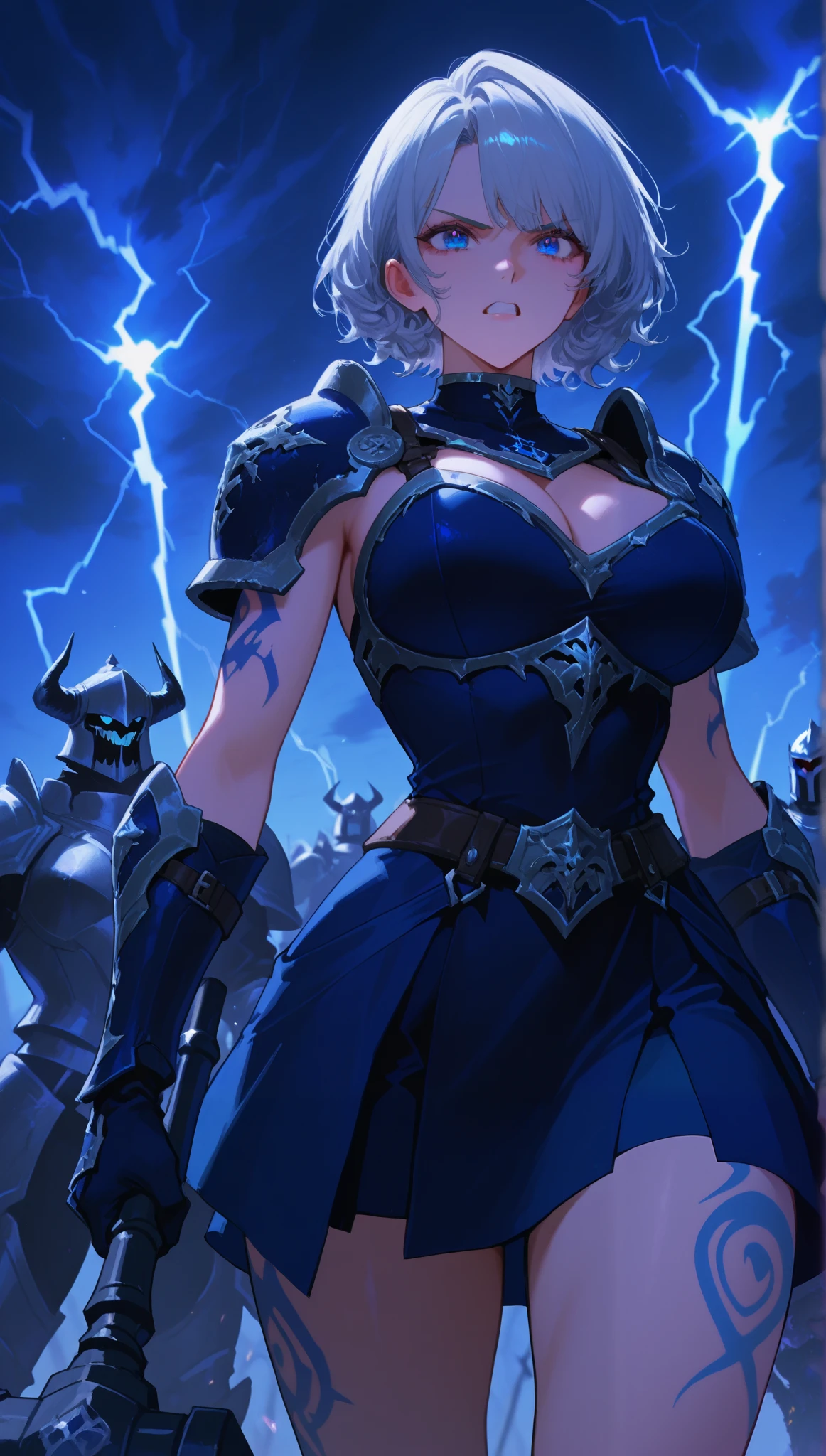 Nordic woman, mulher viking,  short dress ,  armor over her dress ,  very large breasts,  hips,  silver hair ,  short hair,  curly hair,  blue eyes,  Serious expression,  by gritting your teeth ,  Nordic body tattoos,  holding the Mjölnir hammer ,  summoning a blue lightning storm,  on the battlefield