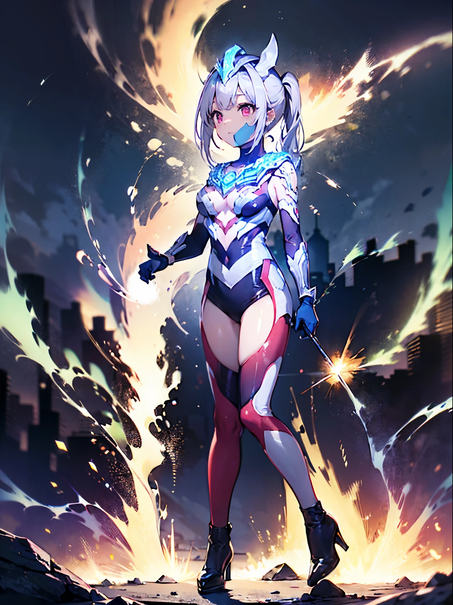 (Close-up:1.3),Realistic,highest quality, Ultra Detail, High-quality CG rendering, The most delicate and beautiful, Floating softly, High resolution, (1 giant girl), (Highest quality,4K,8K,masterpiece:1.2) ,Light purple hair,Rabbit,Bunny ears,ponytail,Red eyes,(Ultra Girl:1.0),(All blue Ultraman bodysuit:1.4),(All blue gloves:1.3),(All blue shoes:1.3), (Clenched Fist:1.2),A city engulfed in flames,(Building engulfed in flames:1.3),(Ruins engulfed in flames:1.3),(whole body:1.3),(Turn your back to your audience:1.3),Butt