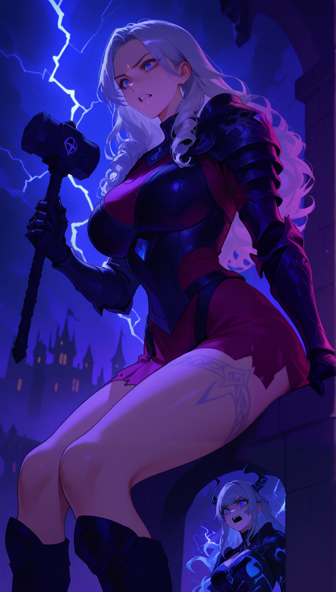 Nordic woman, mulher viking, short dress , armor over her dress , very large breasts, hips, silver hair , long hair, curly hair, blue eyes, Serious expression, by gritting your teeth , Nordic body tattoos, holding the Mjölnir hammer , summoning a blue lightning storm, on the haunted castle, sitting desolate, woes
