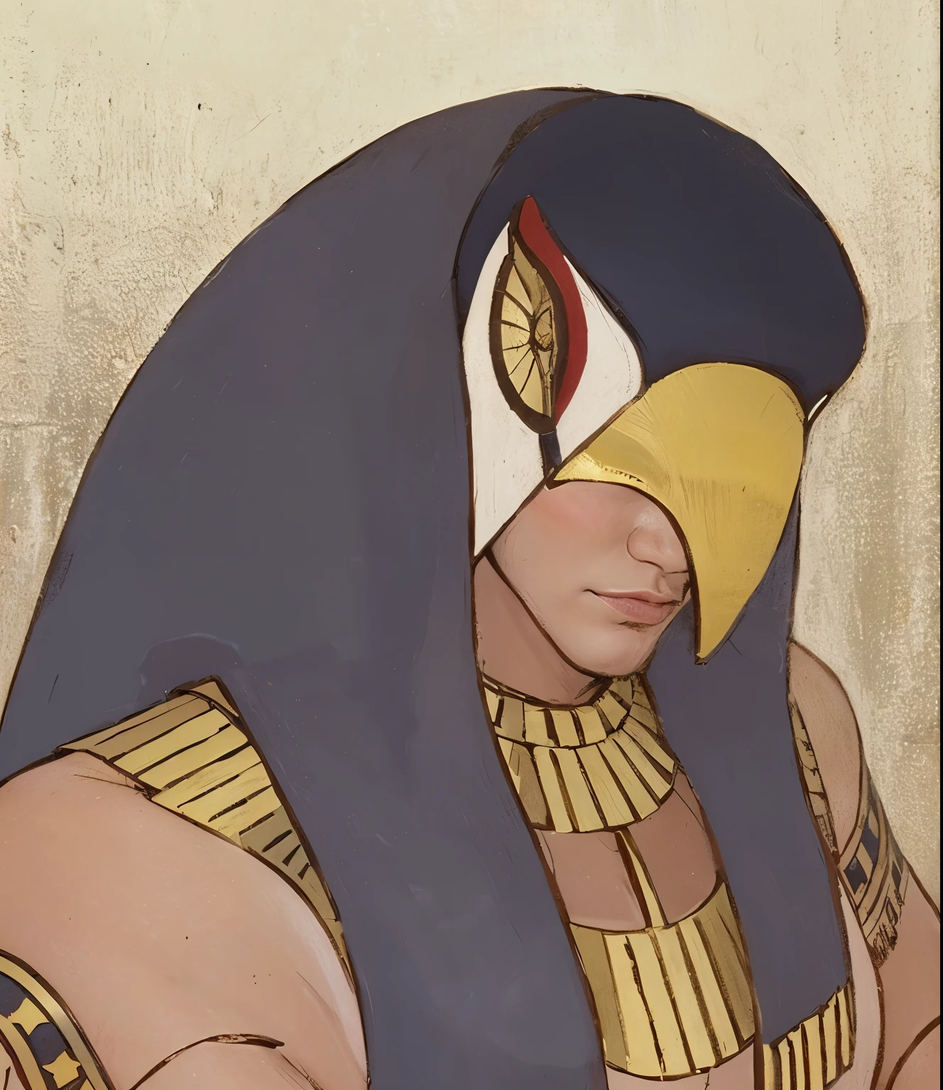 homem negro, bird helmet, bird helmet made of cloth and gold, ouro, homem negro, bird helmet, sem barba, NO BARBA Homem de 19 anos, corpo marcante, homem negro com a boca fechada e dando um leve sorriso ,olhar escondido pelo capacete, small lips, nariz fino, Boca fina, Thin and beautiful lips, Homem , homem mulato, bico do capacete feito de ouro, thin lips arched nose thin lips, detalhe vermelho no capacete olhos de ouro no capacete, Horus, Enéada, rosto fino , nariz fino, homem com 18 anos, fine lips, homem muito bonito, homem muito muito bonito, homem exuberante, Man with beautiful features, delicado e bem esculpido, homem bonito, Egito, homem negro, ........3d, 4k, realista, homem negro, Egypt feather wall towel behind man, homem segurando apenas com o pano, homem nu, Man with bird helmet made of cloth and made and also golden with red details and with half of the face on display and the other half of the face is covered by the beak of the helmet that has the shape of a bird, Horus Ennead