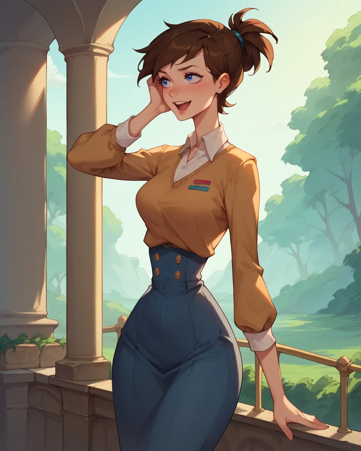 score_9, score_8_up, score_7_up, score_6_up, BREAK Helen Parr, medium breasts, smirk,one hand on hip, sweating, in a flower garden, looking at viewer