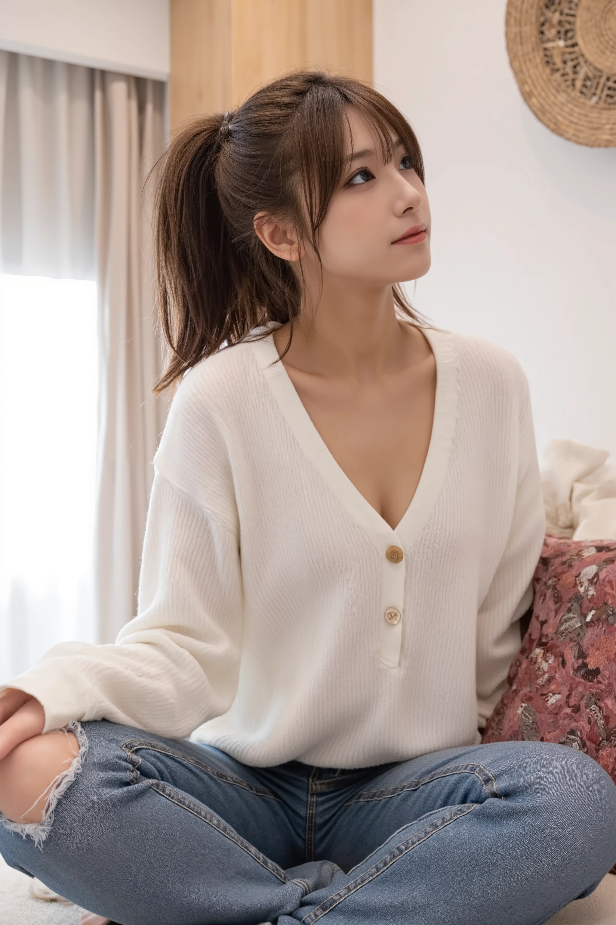  fits my body in my Tokyo apartmentＶWear a neck sweater、 wearing denim skinny pants、 a woman with tanned brown skin and long hair with a silver inner color in a ponytail and looking up at me while sitting on the sofa、 I can see cleavage、A room in an apartment full of sense of life、Photorealistic image with a composition where the whole body can be seen from above