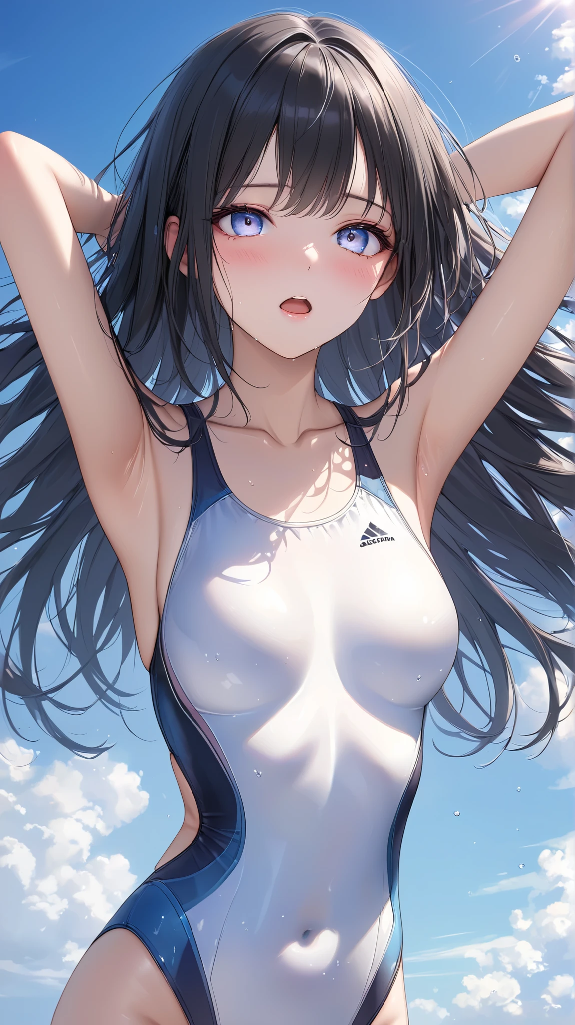 highest quality、realistic、Japanese、girl、cowboy shot、look up、cute、Green eyes、long hair、black hair、all back、Forehead is coming out、Ocean、White swimsuit、joy、sunburn、Midsummer、Sweat、slender、small breasts