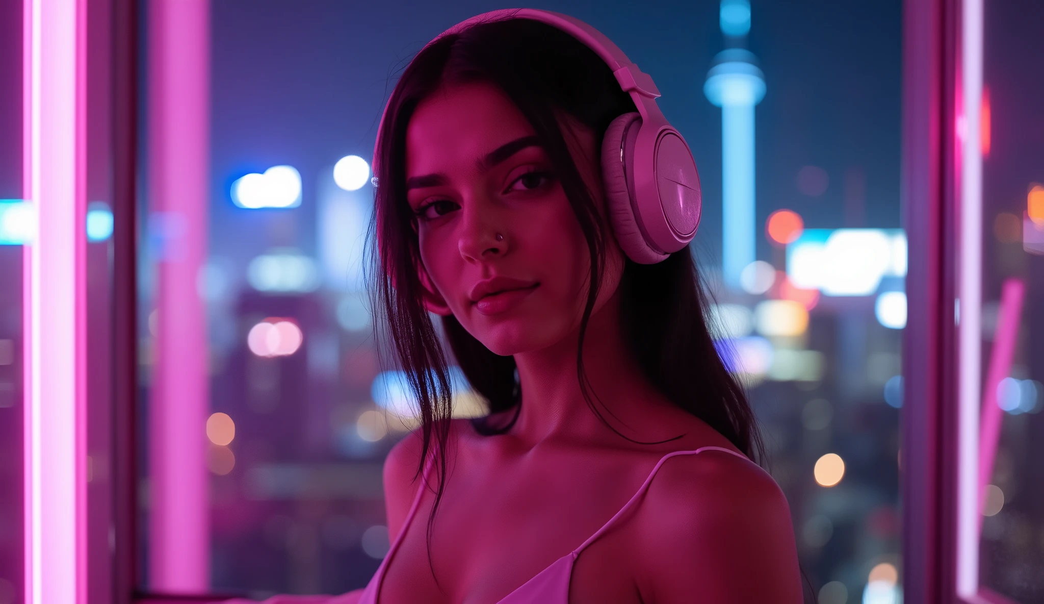 whole body、 beautiful collarbone 、ヘッドフォンをしているBeauty、The best photos for TikTok、Beauty、 dynamic angle、ヘッドフォンをしているBeauty、Night city background with neon lights