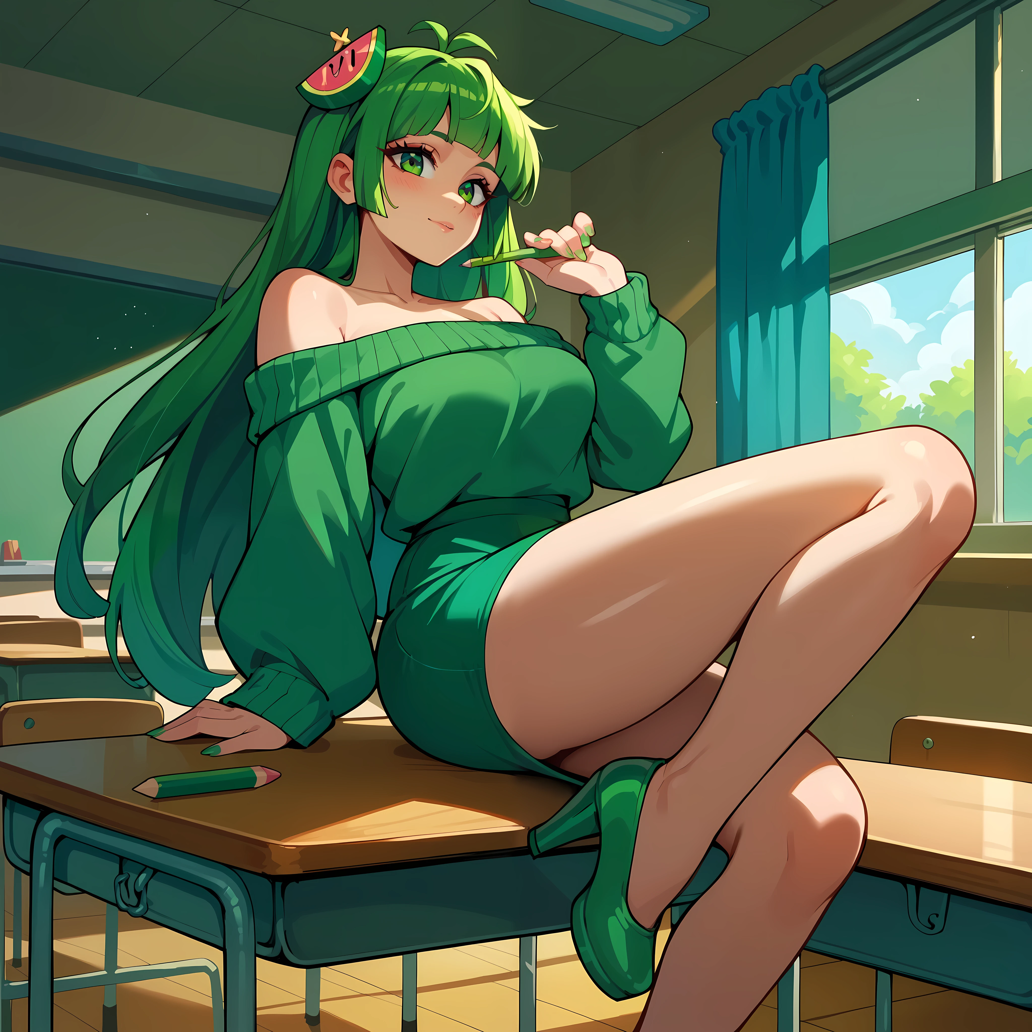 (masterpiece, best quality), 1girl, Vannamelon, indoors, classroom, seated, green eyes, green hair, long hair, green off shoulder sweater, green pencil skirt, red and green heels