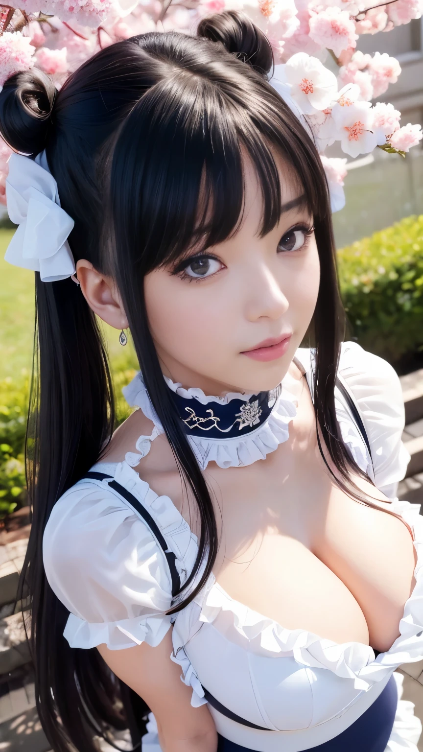 ((Top Quality)), ((Excellent)), (Details), ((Japanese)), Ultra-Realistic, Stunning Environment, Vivid Colors, , Black Hair, (Young Face), ((Straight Hair)), Shiny Hair, medium Breasts, ((White Maid Outfit)), ((French Maid)), ((White Brim)), ((from_side)) , ((From Above)), ((Blue Eyes)), Half-Smiling, ((topless)), Upper Body, Shiny Hair, Blunt Bangs, ((medium Breasts)),((Emphasized Cleavage)) , ((Leaning Forward)), ((Blue Eyes)), Masterpiece, Ultra-Realistic, ((Upper Body)),((topless)), Outdoors, Grassland, Flower Field, Natural Light, Vivid Colors,((topless)),