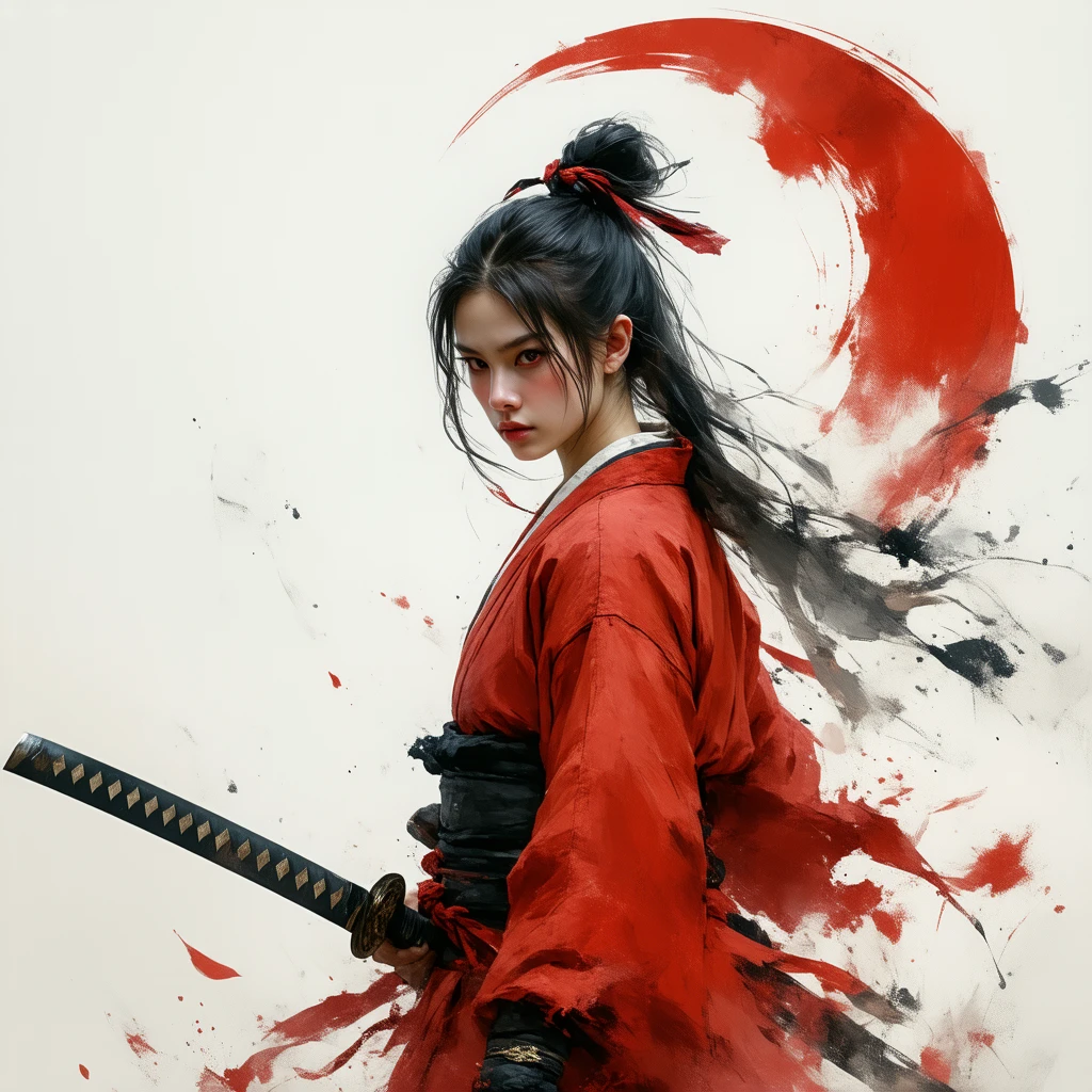 the 404 logo pierced with a katana by a samurai woman in a hyper realistic form