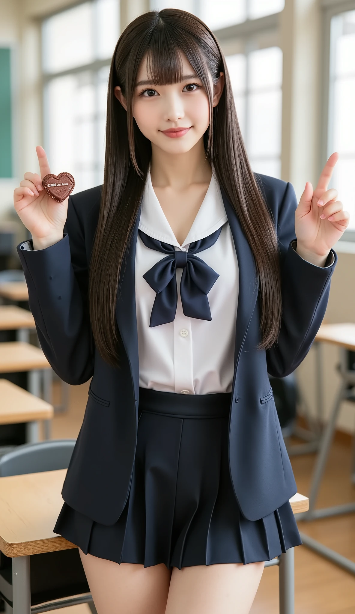 (It depicts a very young Korean pop idol girl wearing a blazer school uniform。),((I have a big heart-shaped chocolate)),((( legs open))),((smile)),(Put a ribbon on your head),((( full body shot on one side))),( perfect body),((( school classrooms))),( a soft light shining on your face ), ((live-action)),(((Very young face))),((Beautifully centered chest)), shiny skin , staring at the camera, Show view , beautiful hair, (No-makeup beauty), Pure Eyes , (Young Korean hair ,), black hair,,((Tying up hair)), (8k, top quality , masterpiece:1.2, very knowledgeable about trends),( anatomically correct, ultra detailed skin )),