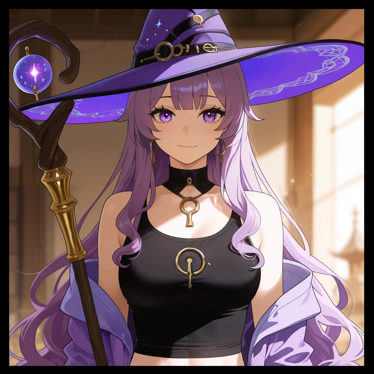 White woman bright purple eyes serius, a long wavy dark purple hair and a purple witch hat with cyan gens on the top, blue and gold barrette, wearing a black tanktop with silver details and a keyhole on the middle and purple overcoat tanktop. she is in a Village and have purple stars around her self. manga comic art. In her hand a big staff like key