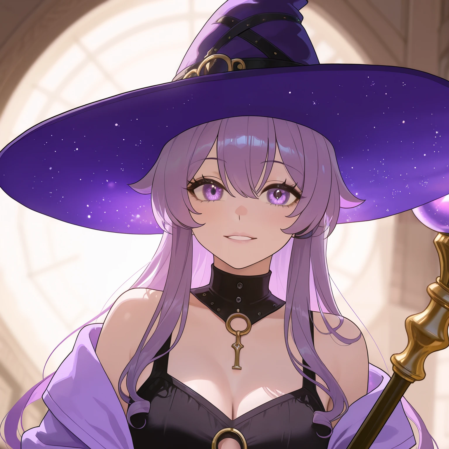 White woman bright purple eyes serius, a long wavy dark purple hair and a purple witch hat with cyan gens on the top, blue and gold barrette, wearing a black tanktop with silver details and a keyhole on the middle and purple overcoat tanktop. she is in a Village and have purple stars around her self. manga comic art. In her hand a big staff like key