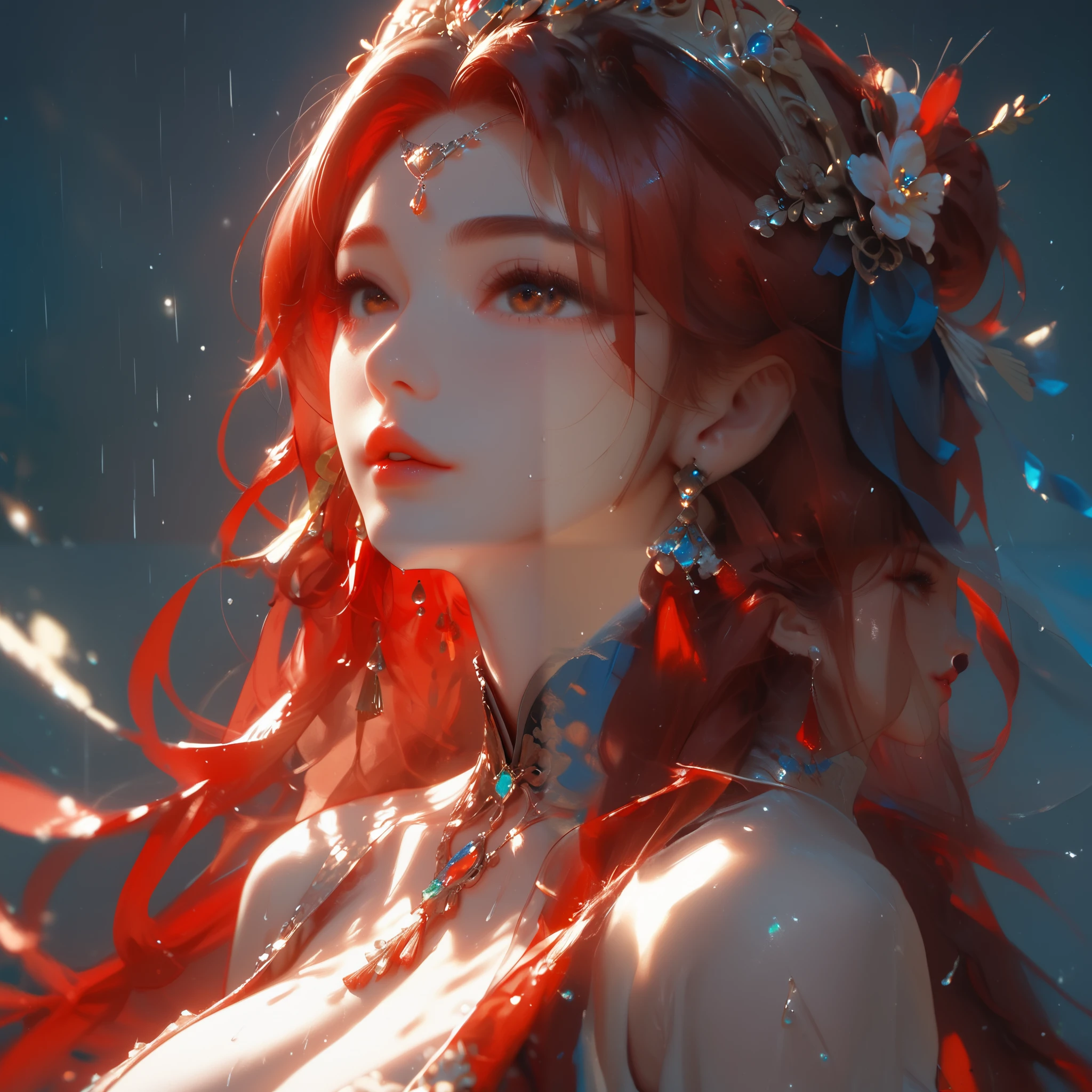 very huge breasts, (best quality,4k,8k,highres,masterpiece:1.2),ultra-detailed,, (perfect details:1.1), (beautiful and clear background:1.2), (extremely detailed, Ultra-detailed, best shadow:1.1), (finely detailed beautiful eyes), ❤️❤️❤️, 1girl, rain, earrings, solo, jewelry, long hair, black hair, brown eyes, lips, upper body, looking at viewer, breasts, parted lips, sleeveless, from side, red hair, nose, medium breasts